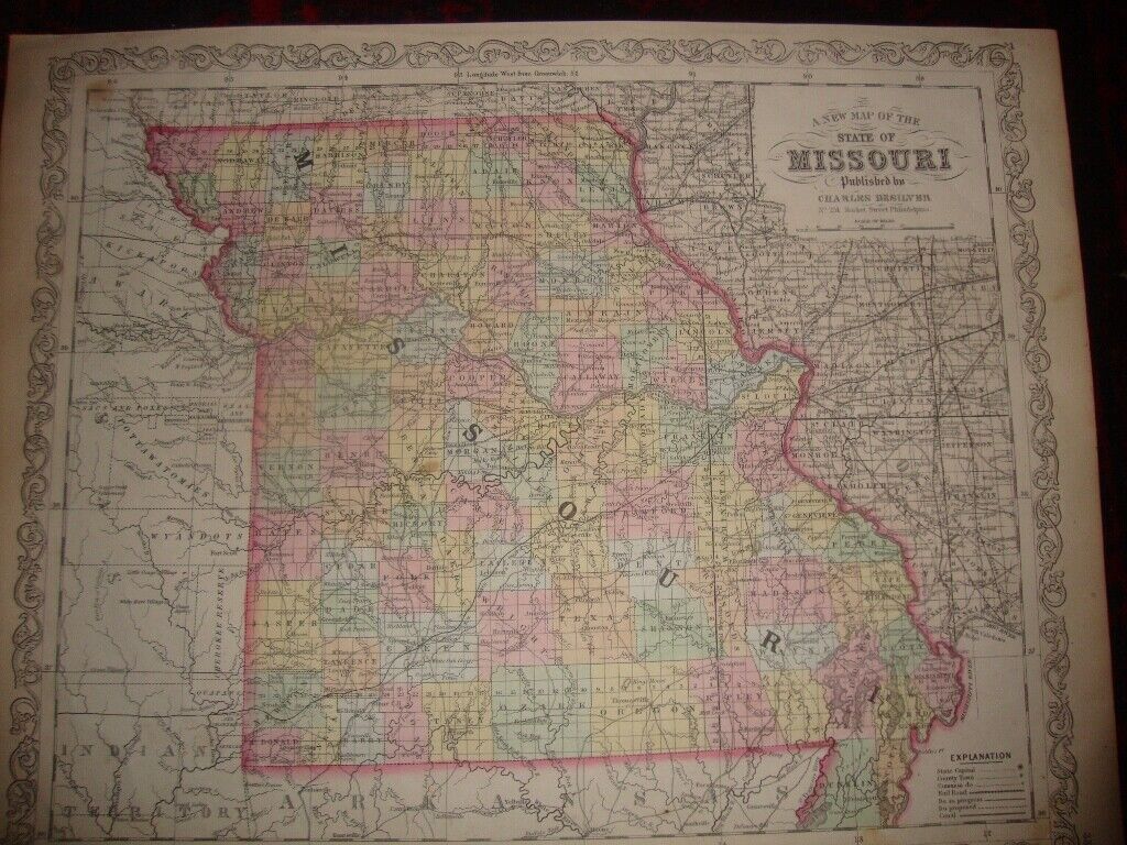 Original Rare Hand Colored 1856 FOLIO Charles Desilver's Map Of Missouri