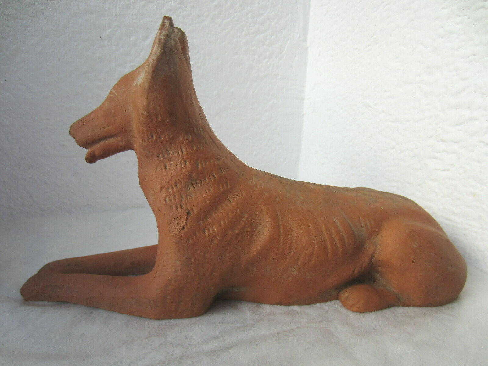 11.5" Antique unglazed ceramic pottery dog animal figure figurine statuette, old