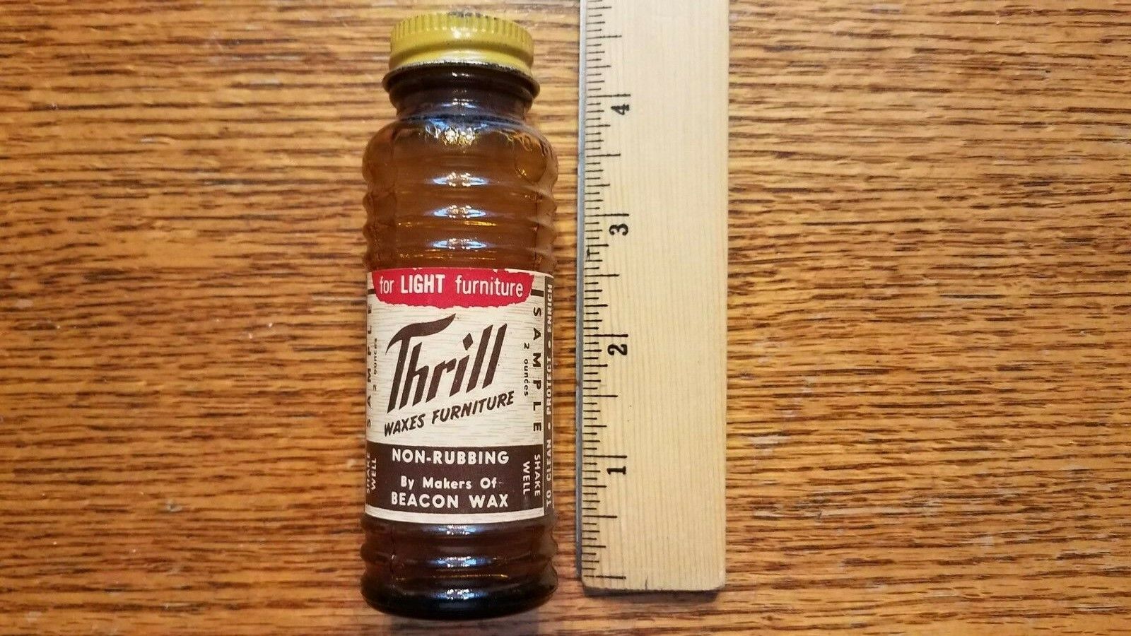 VINTAGE 1954 THRILL FURNITURE WAX FULL SAMPLE 4" BOTTLE BY BEACON CO W/ TIN LID