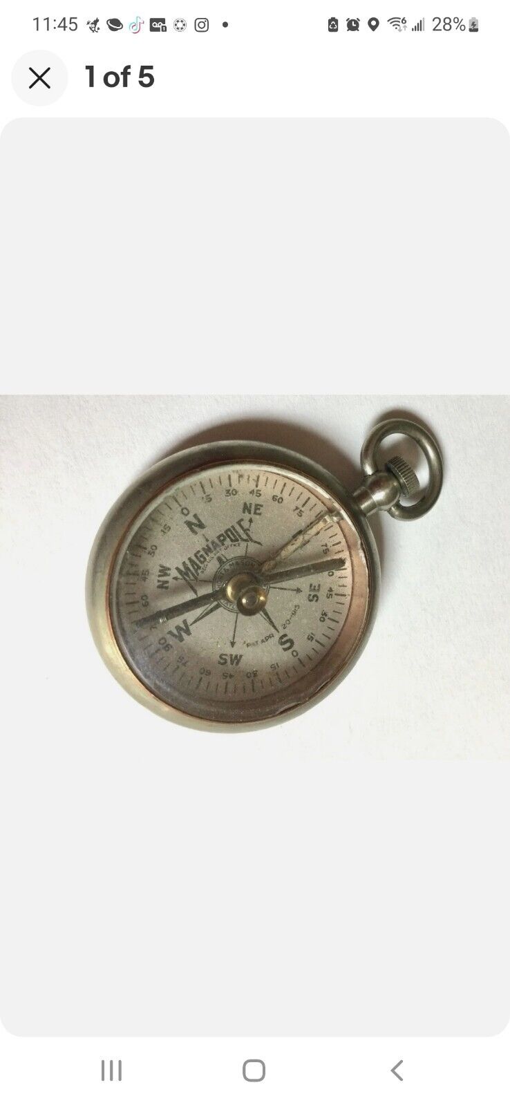 Antique Vintage 1915 Brass Ring Magnapole World War I Military Compass