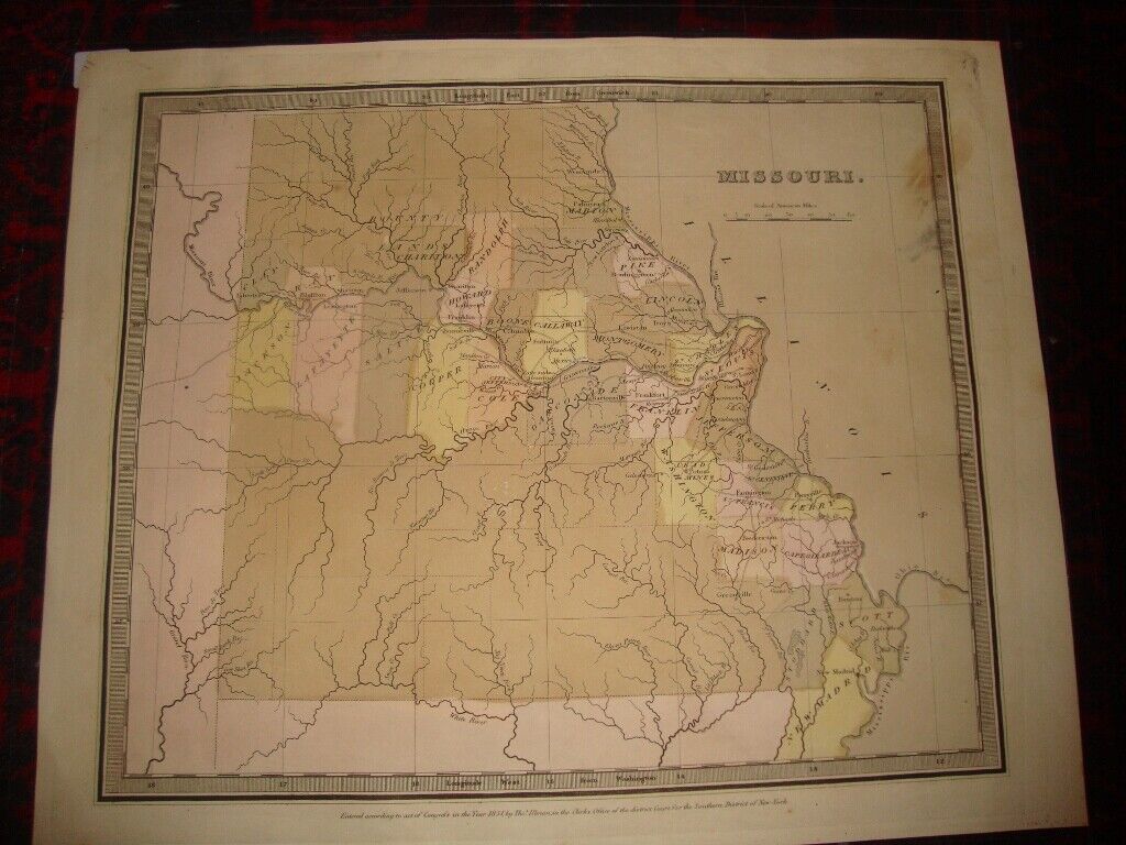 Original Rare Hand Colored 1834 FOLIO Charles David Burr's Map Of Missouri