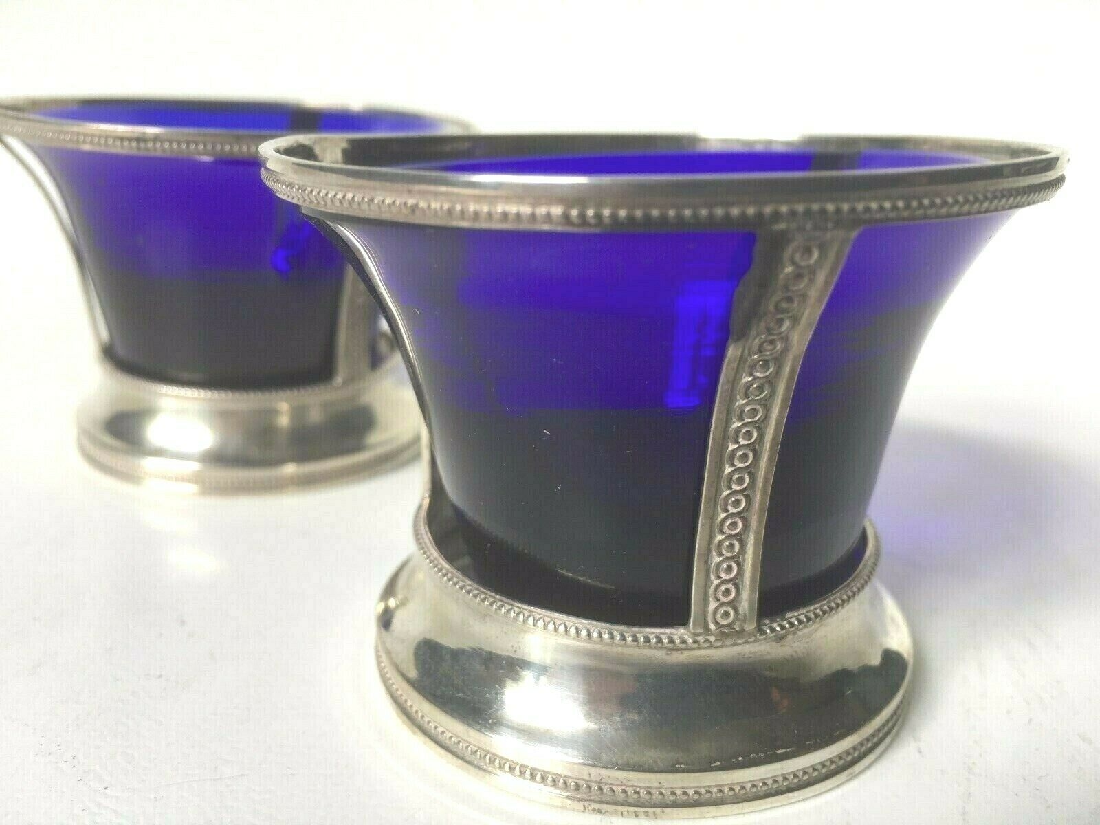 Pair Large Elegant Silver 'Bristol Blue Art Deco' Salt Dishes, Circa30s, Dutch?