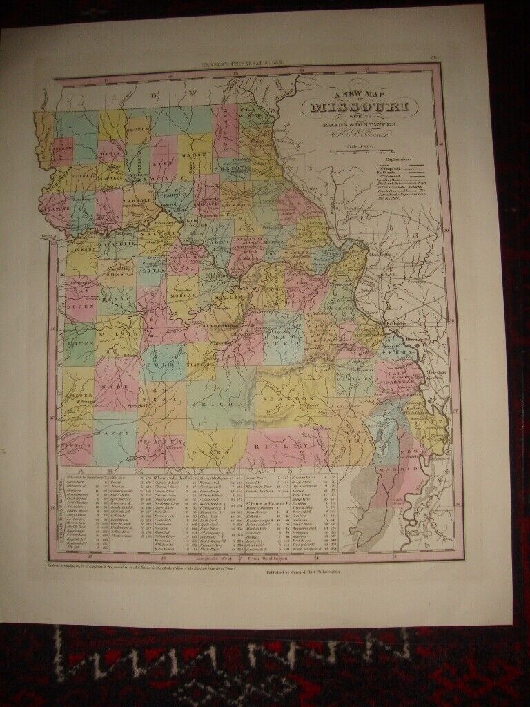 Original Rare Hand Colored 1843 FOLIO Charles H.S. Tanner's Map Of Missouri