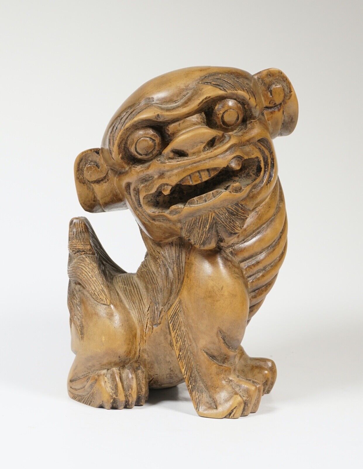 Japanese wooden shishi lion dog statue - hand carved marked by artist foo dog