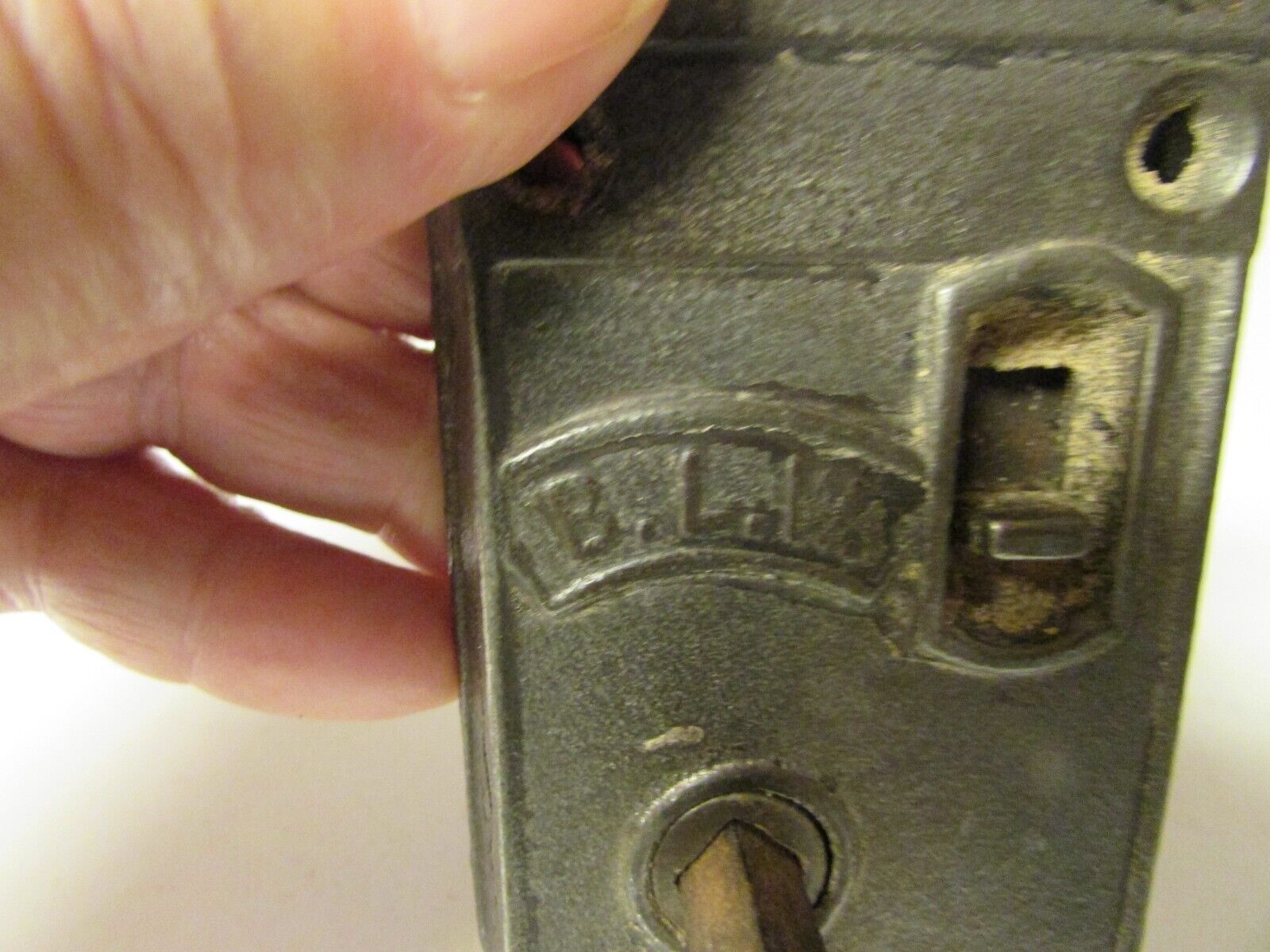 Antique  Civil War BLW Steel Rim Lock with set of 2 white porcelain door knobs