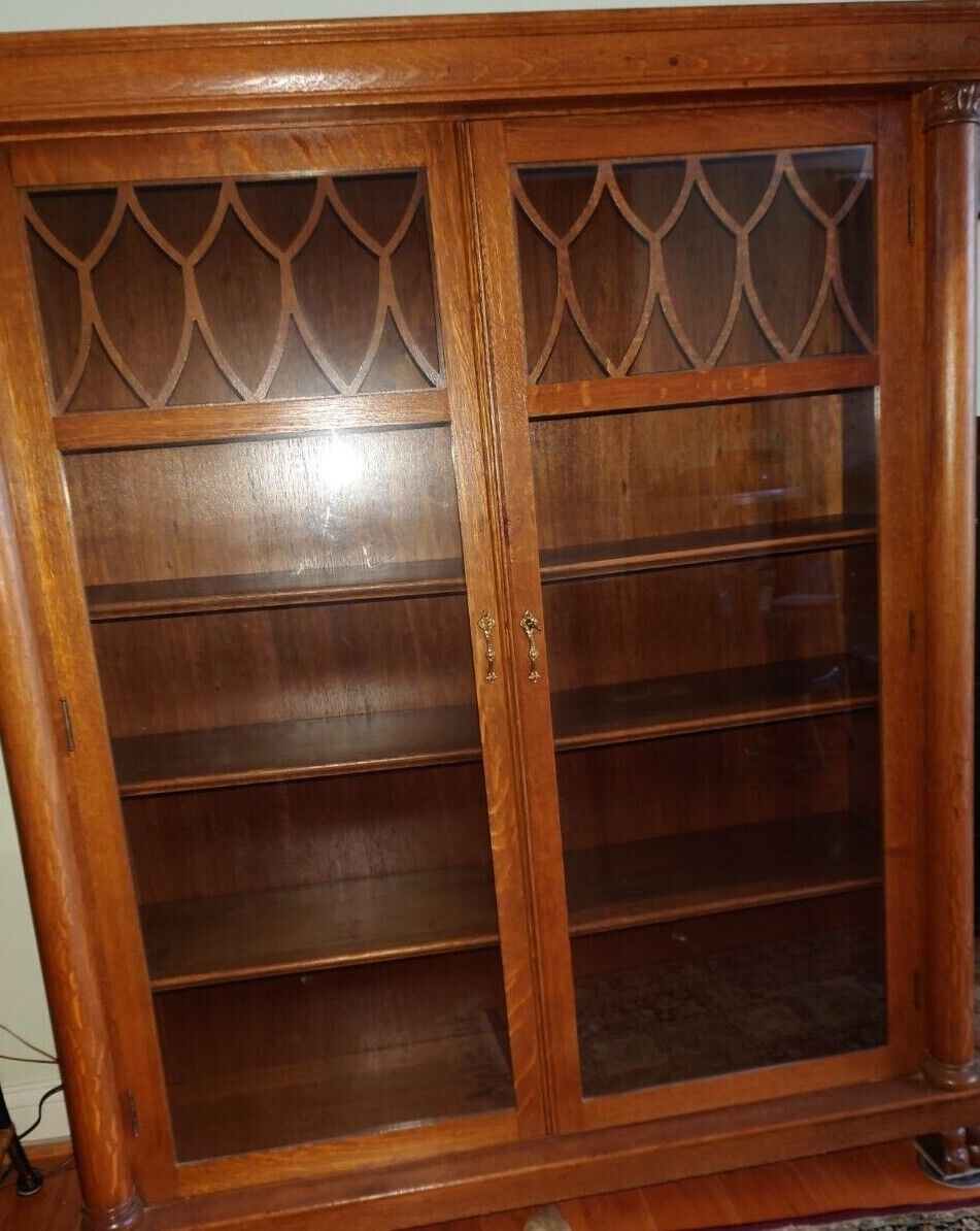 Vintage Empire oak bookcase with glass doors
