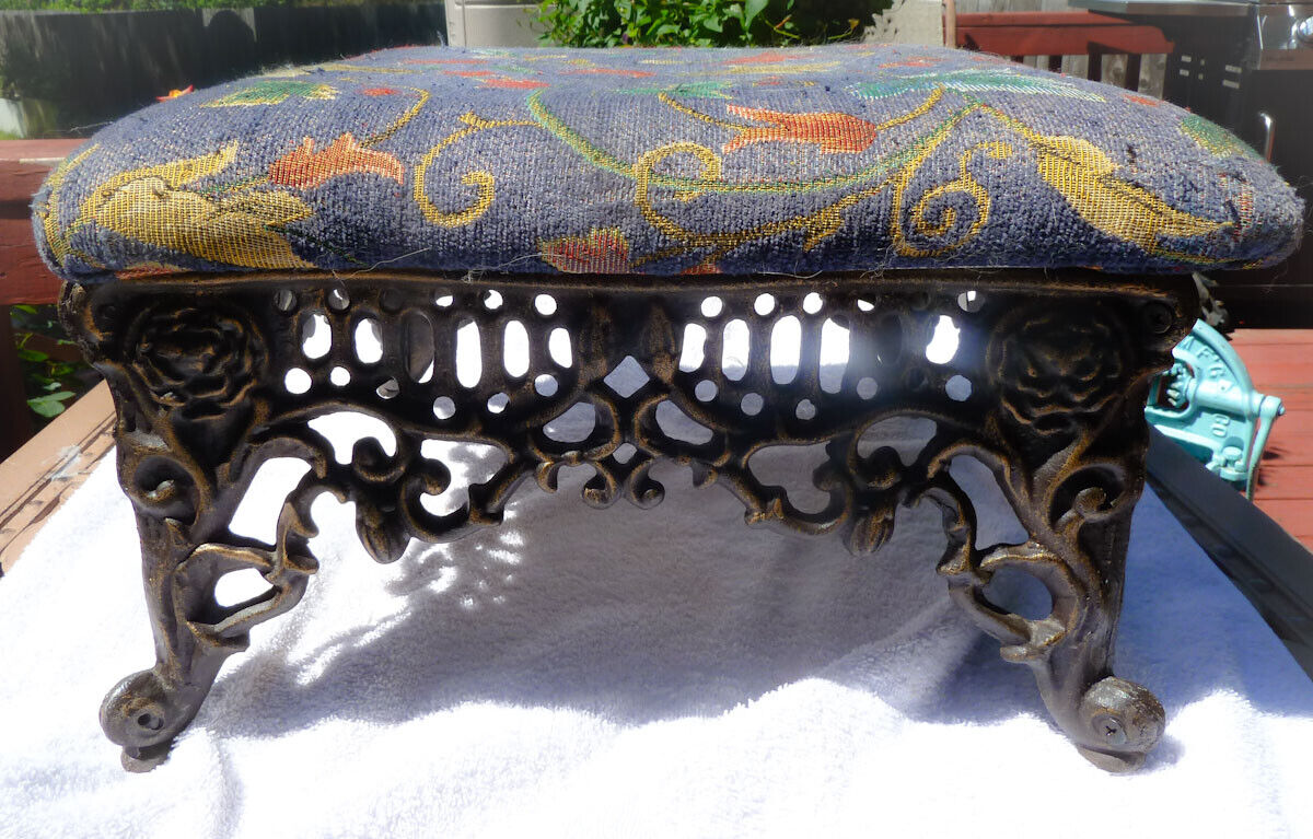 Victorian Style Footstool Ottoman Cast Iron Base Floral Upholstery, India