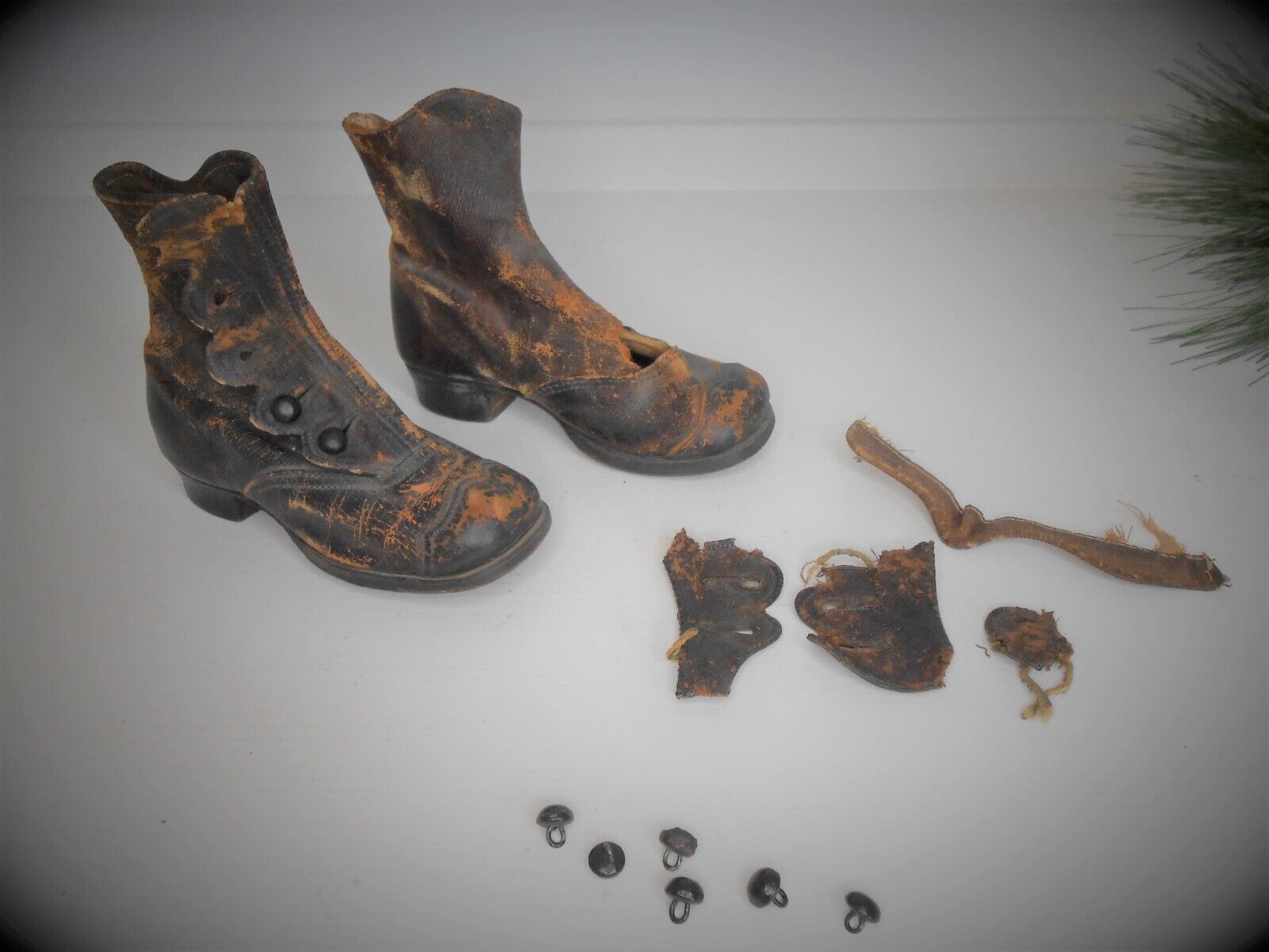Rare Antiqu Childs Boots Shoes Leather Civil War Era Brass Screw Soles TLC AAFA