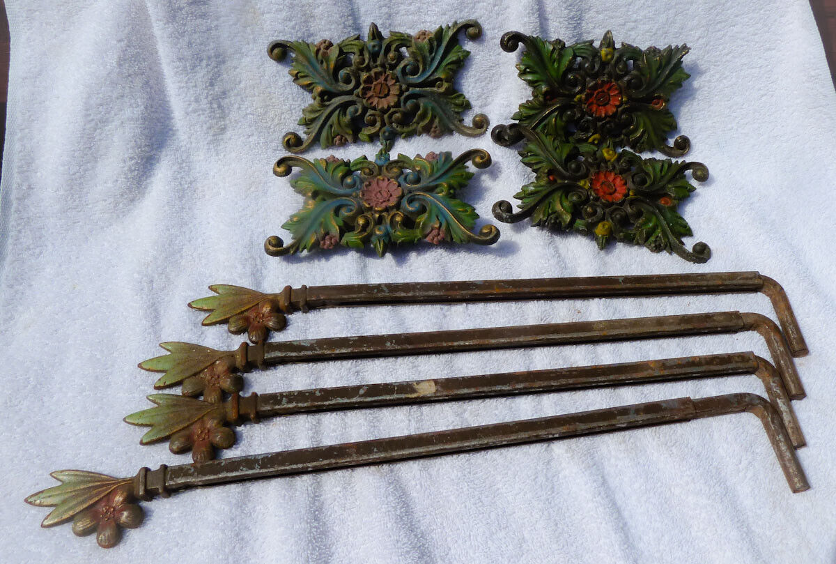 Lot of 4 Victorian Extendable Swing Arm Curtain Rods w/Center Badges Polychrome