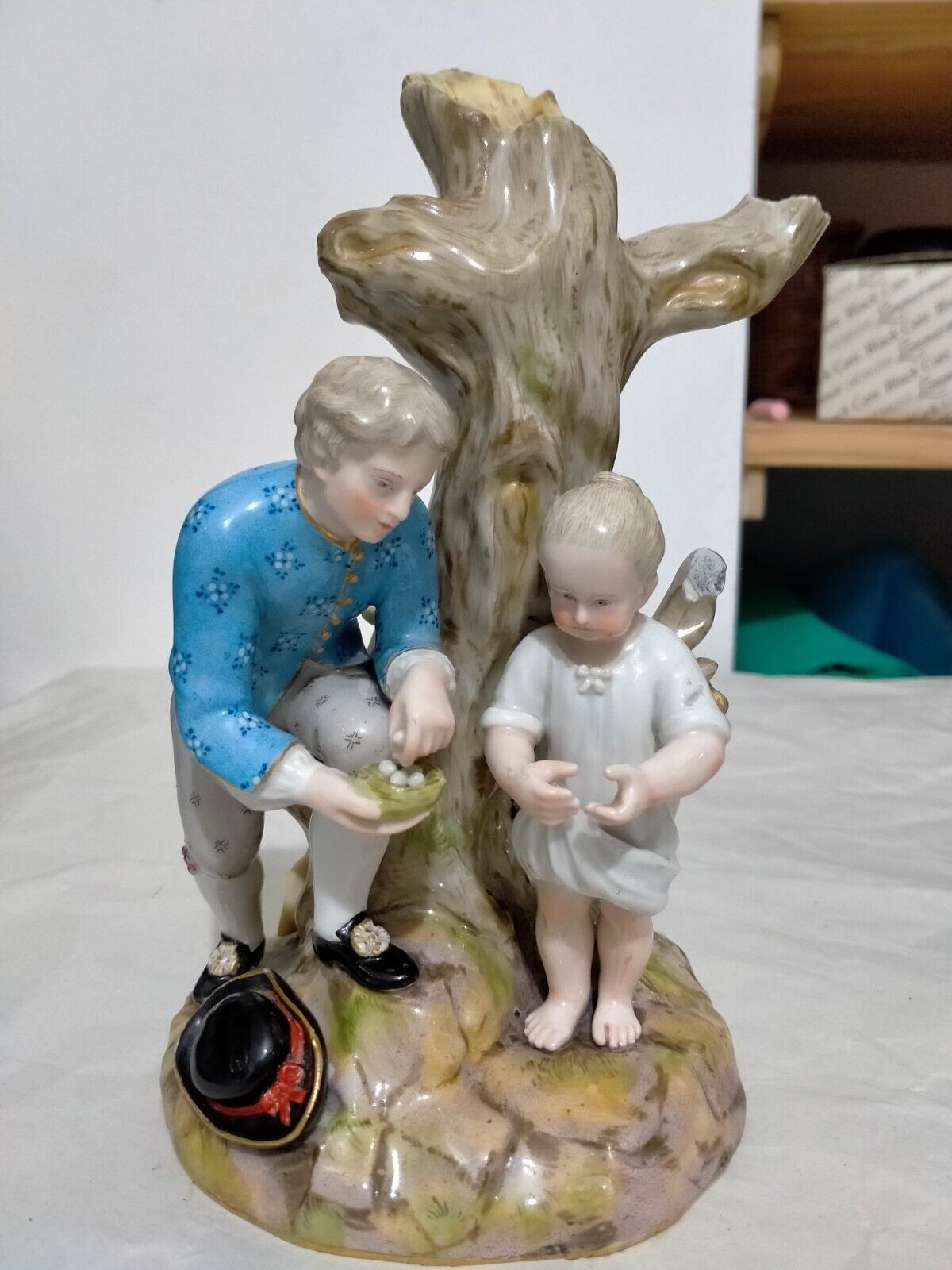 Antique Meissen Porcelain Figure Group Egg Collector Nest Girl