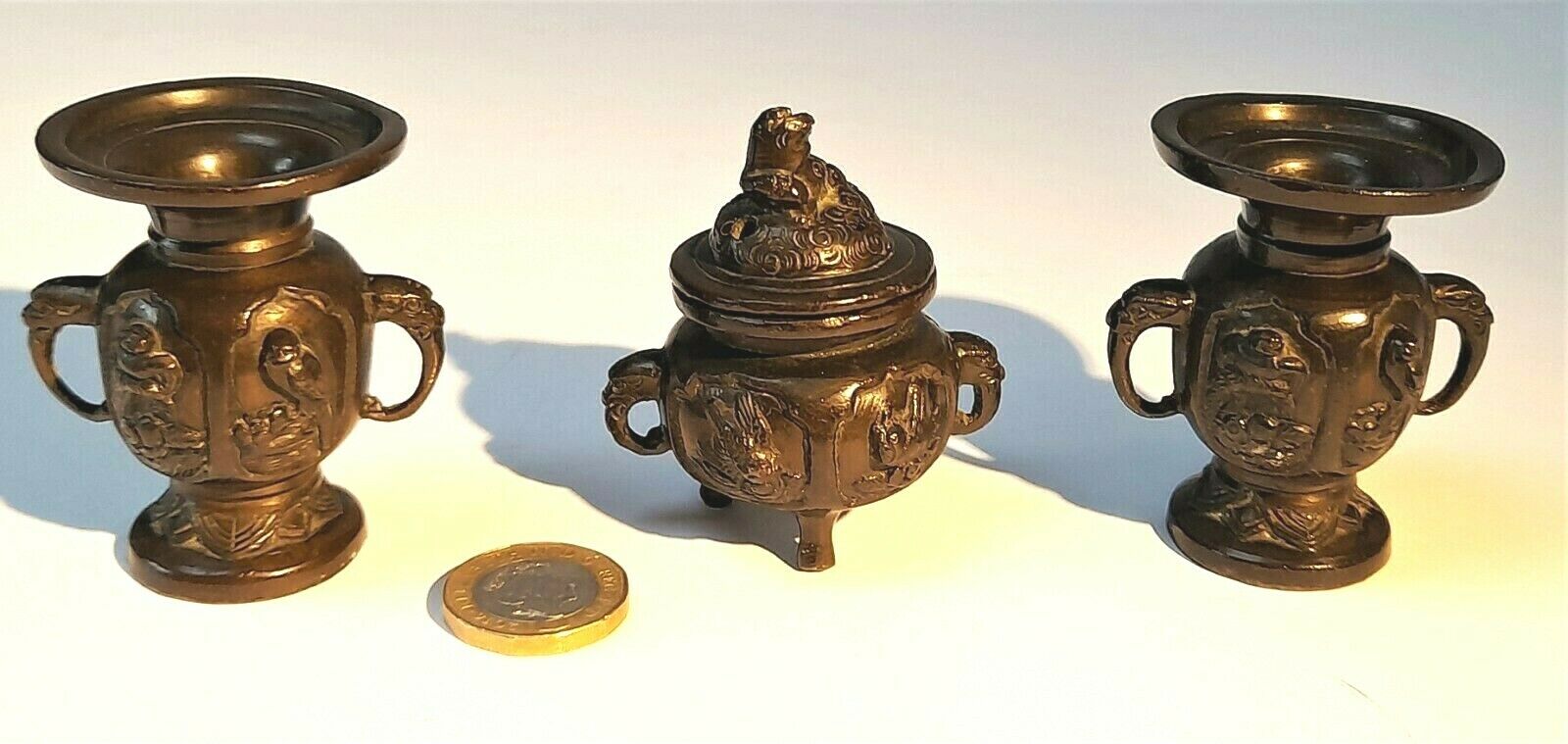 Rare 19th c. Miniature Japanese Bronze koro & two vases garniture.