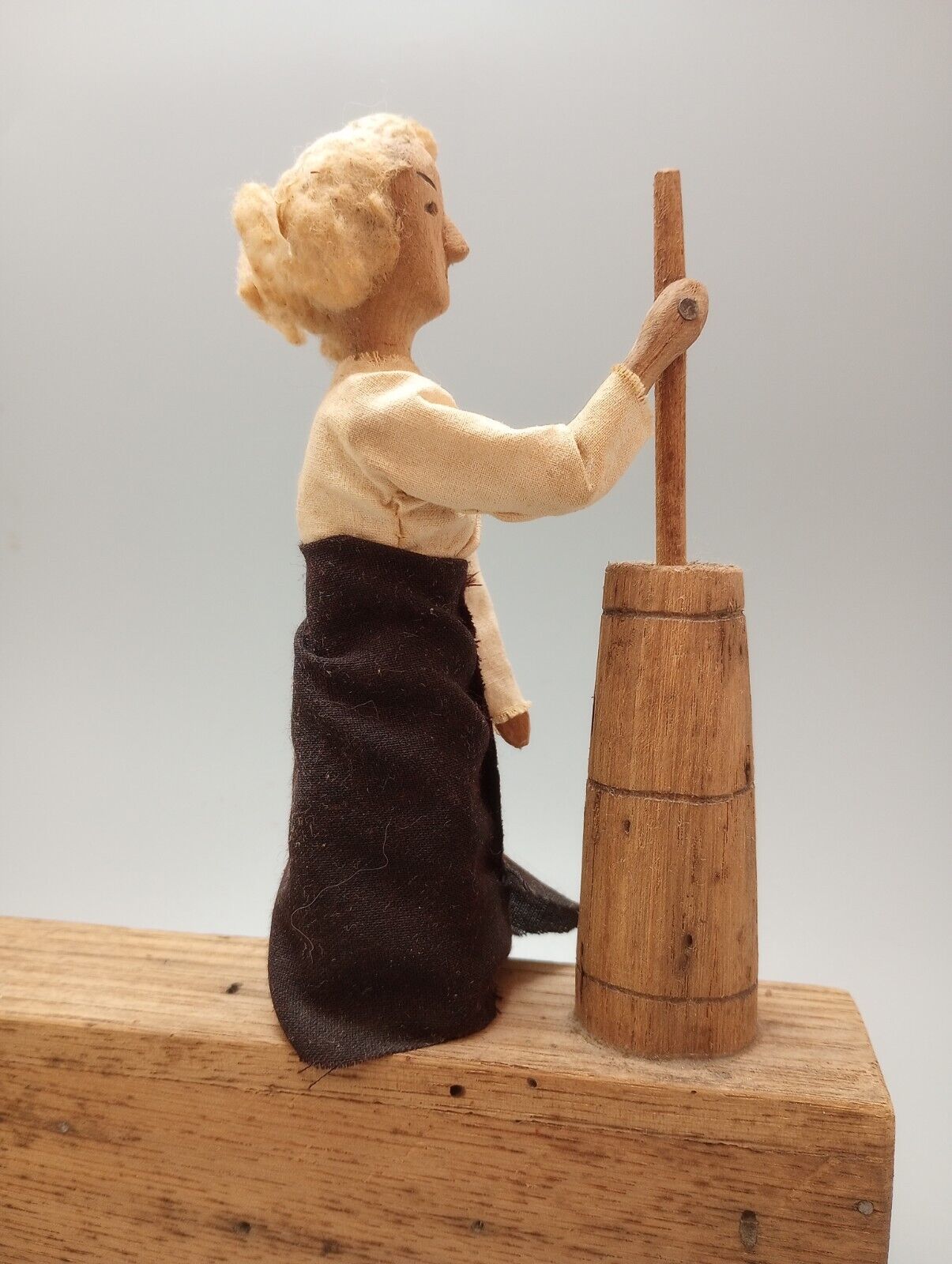 Vintage Wooden Folk Art Hand Crank Butter Churning Lady Automaton Style Toy