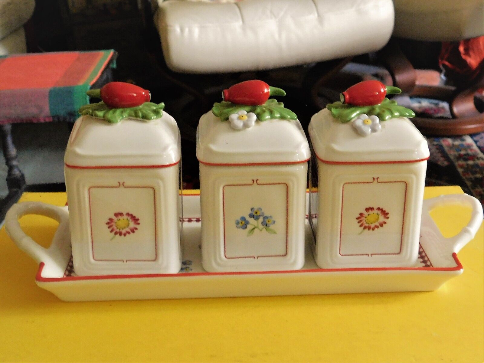 Antique Ceramic Tray with set of three condiments Villeroy & Bosh