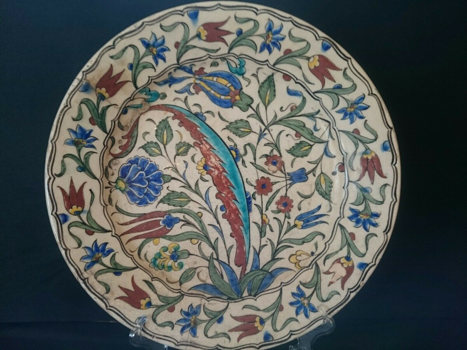 Antique Iznik Ottoman Glazed Intact Dish 30.5cm Middle Eastern Islamic 18 / 19C