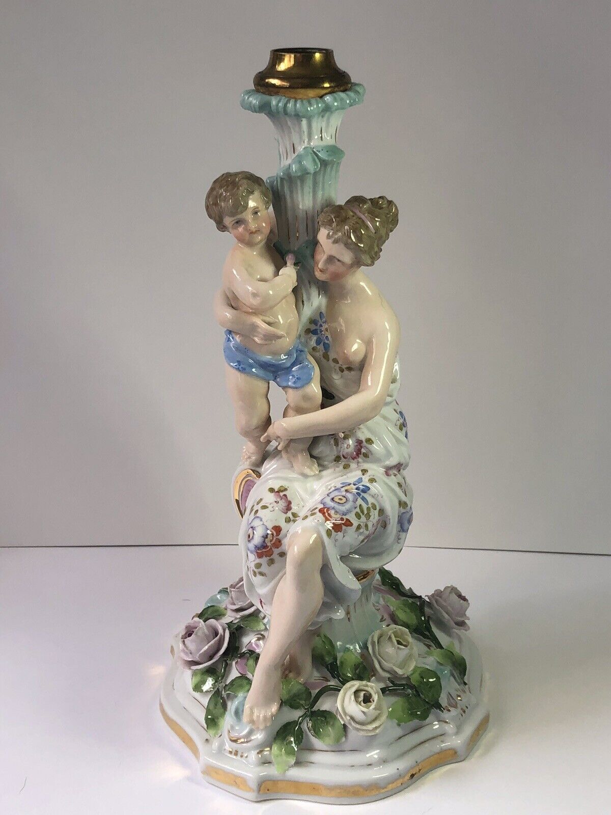 Antique Meissen Mother and Child Large Candlestick