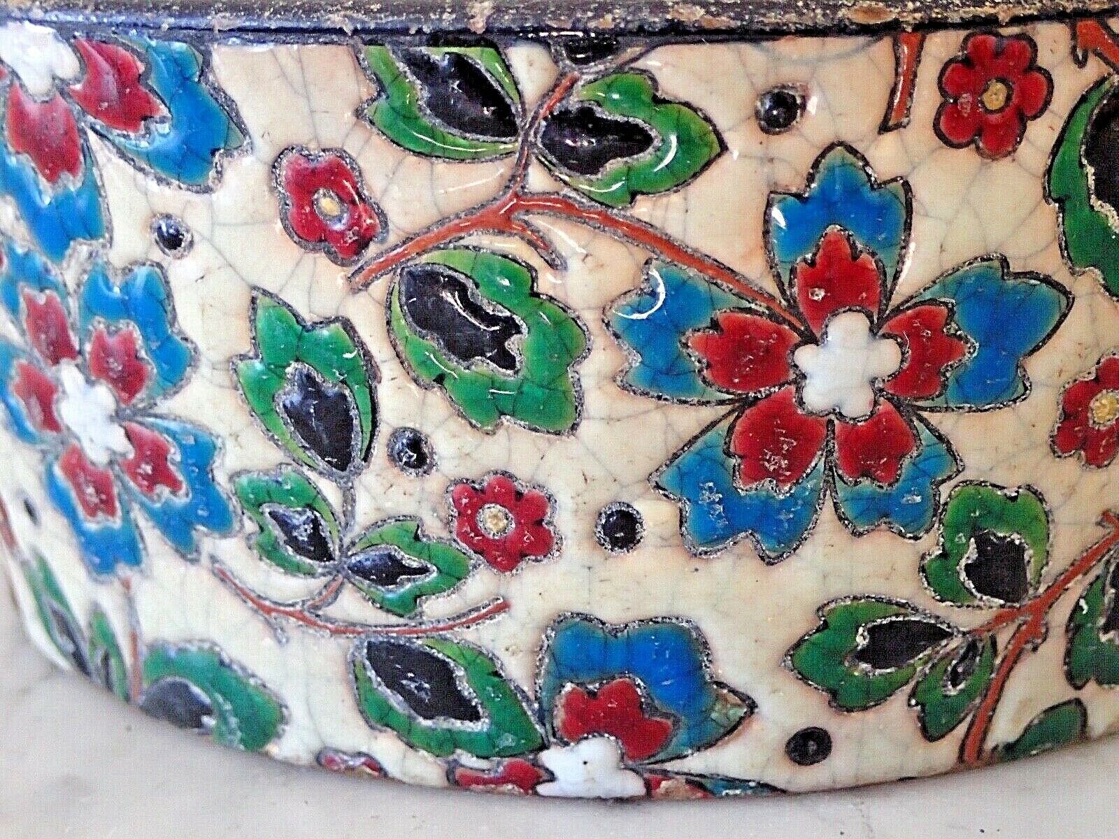 Antique IZNIK STYLE EMAUX de LONGWY Ceramic BOWL JAR METAL LID France 19th C