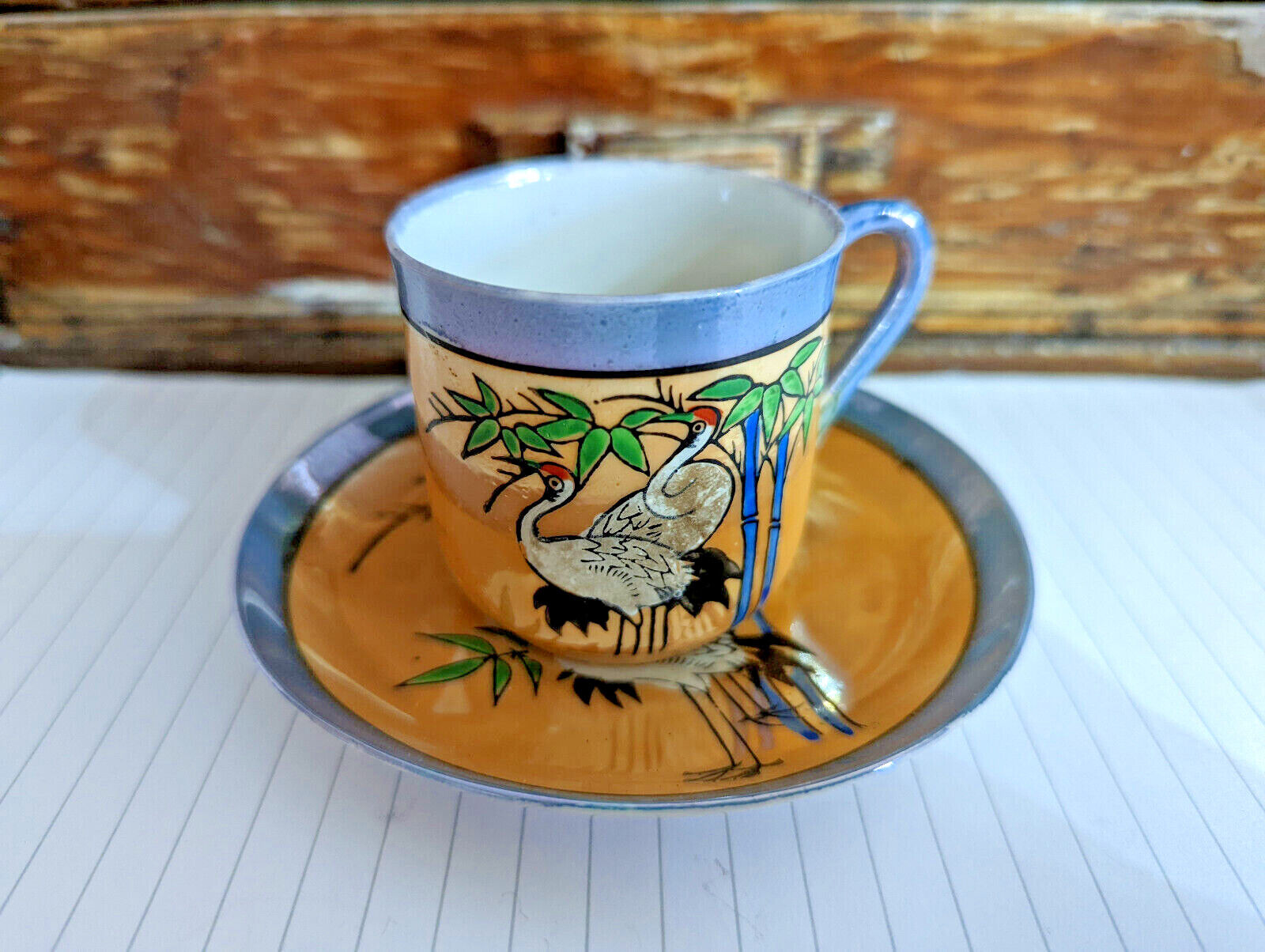Japanese Lustre Ware Cup & Saucer Lucky Crane Stork 50s Collectable Mid Century