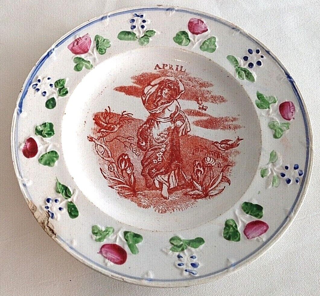 Antique Victorian 19th century ceramic nursery transfer wear toddy plate April