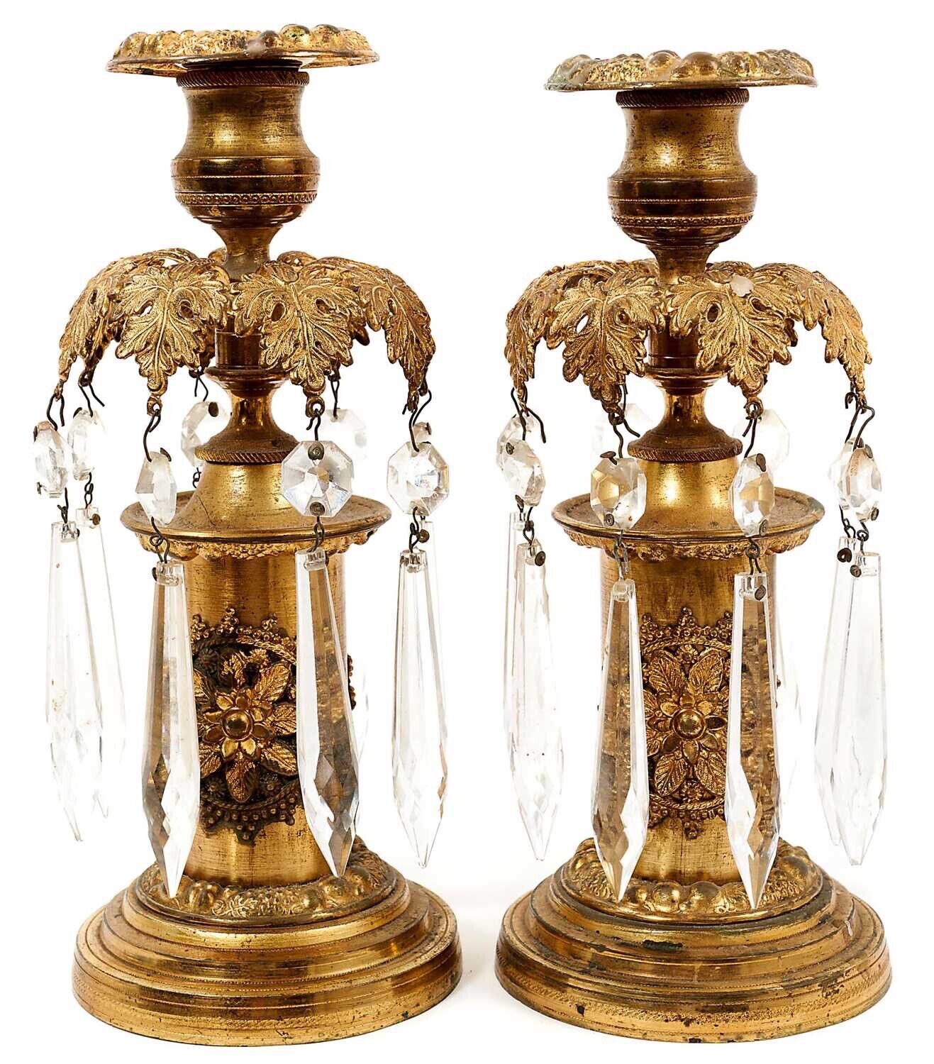 A Superb pair of Regency Gilt Lustres Candlesticks With Glass Drops