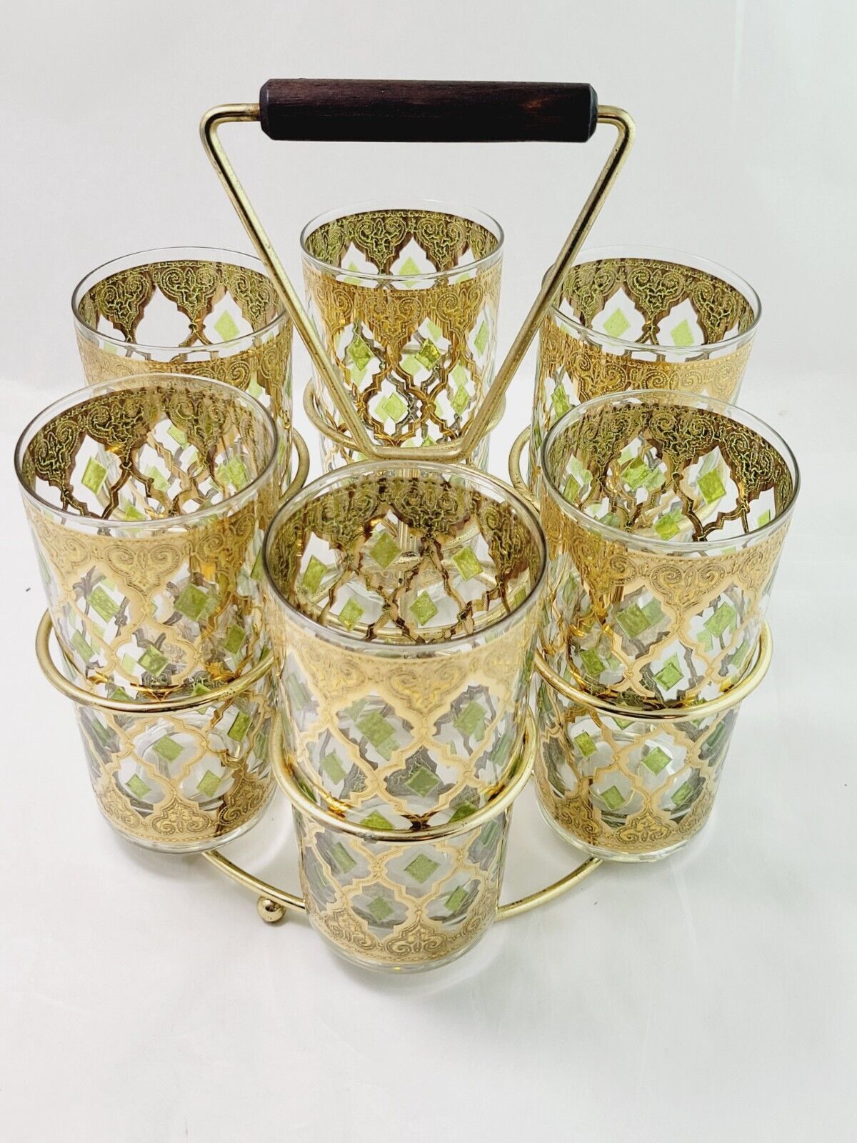 22K Gold Culver Signed Valencia Set of 6 Highball Glasses with Caddy