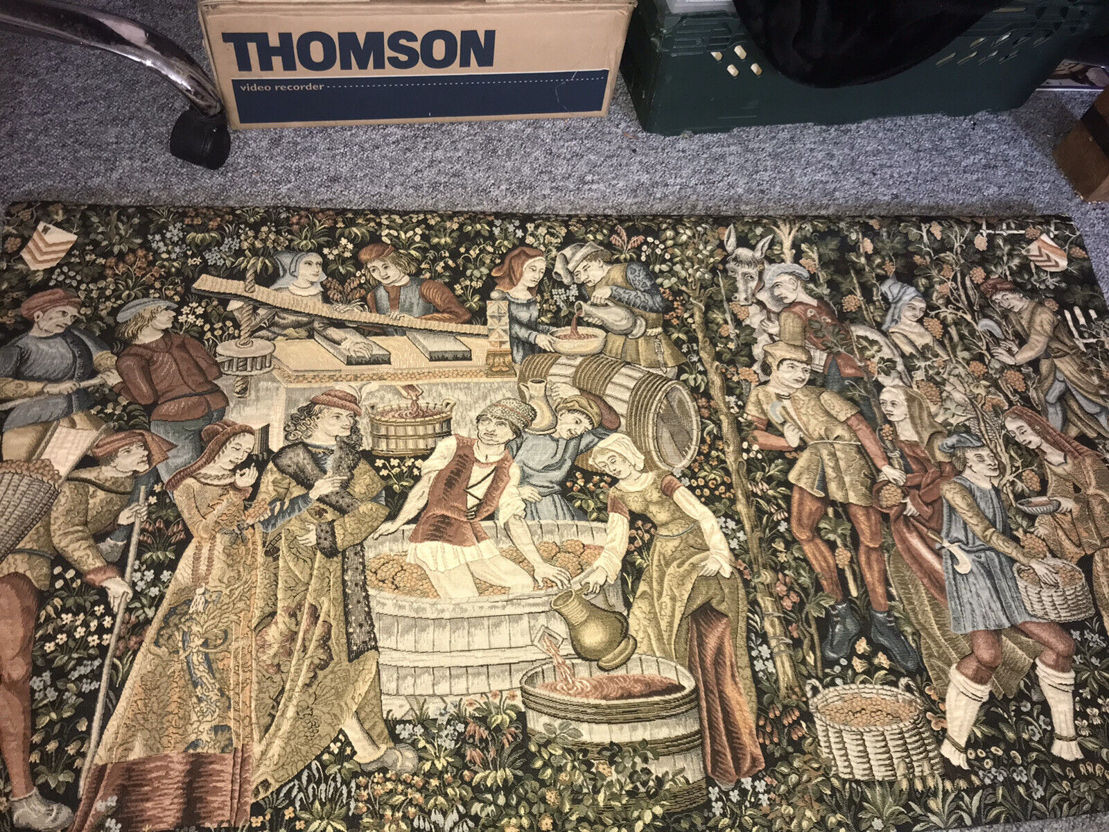 Grape harvest vendages woven tapestry antique, good used condition. 