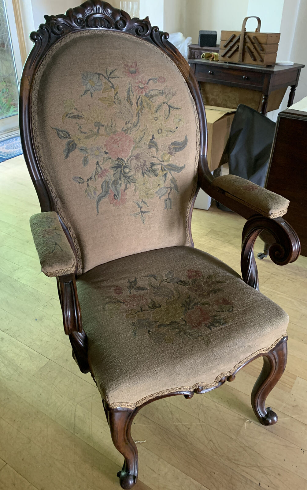 William IV Carved Wood Tapestry Throne Salon Carver Chair Armchair