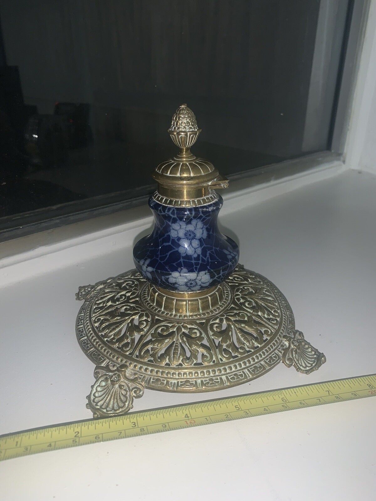 1870s flow blue china & ormolu repousse & pierced inkwell & stand James Cartland