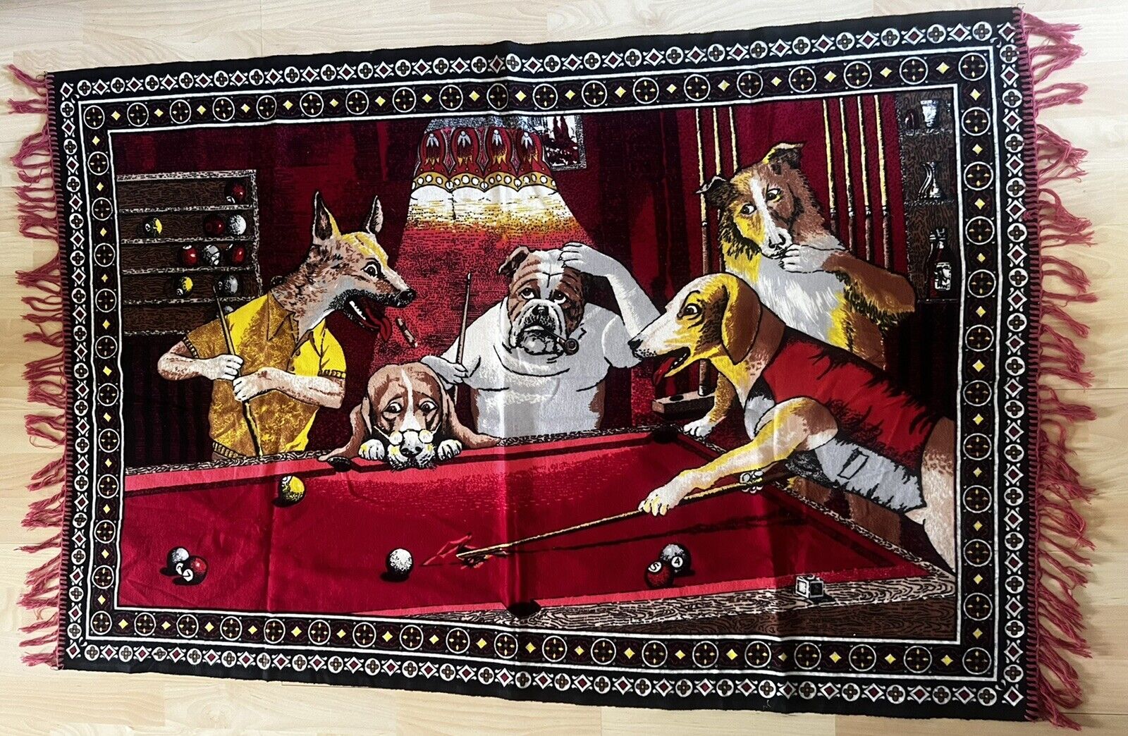 Vintage 'HUSTLER’ Dogs Playing Billiards Wall Hanging/ Tapestry 52 X 34”