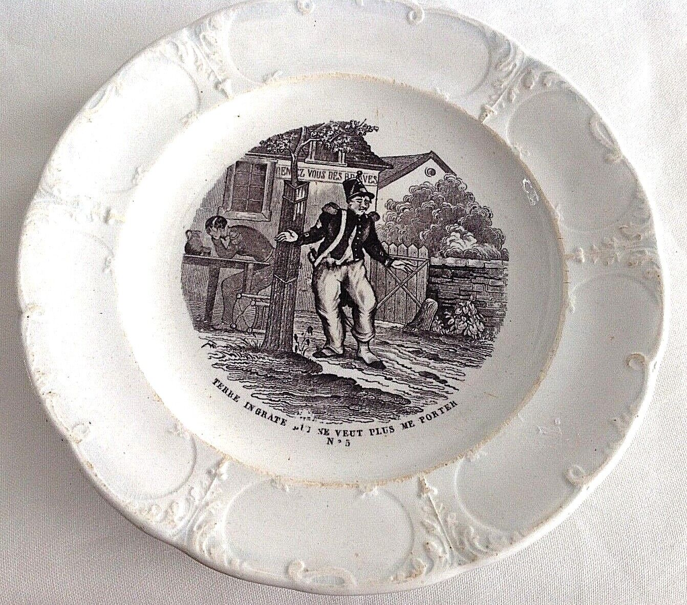 Antique ceramic nursery transfer wear toddy plate French Soldier tavern