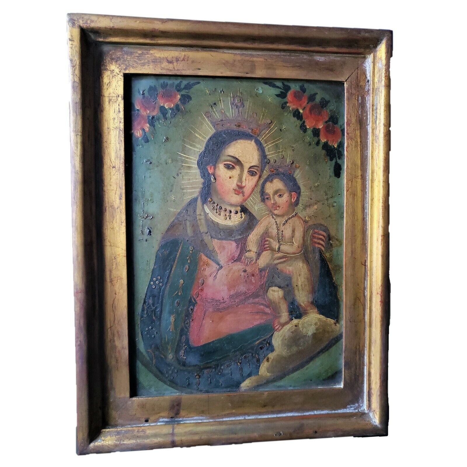 Our Lady of Motherly Refuge 19C Mexican Retablo on Tin