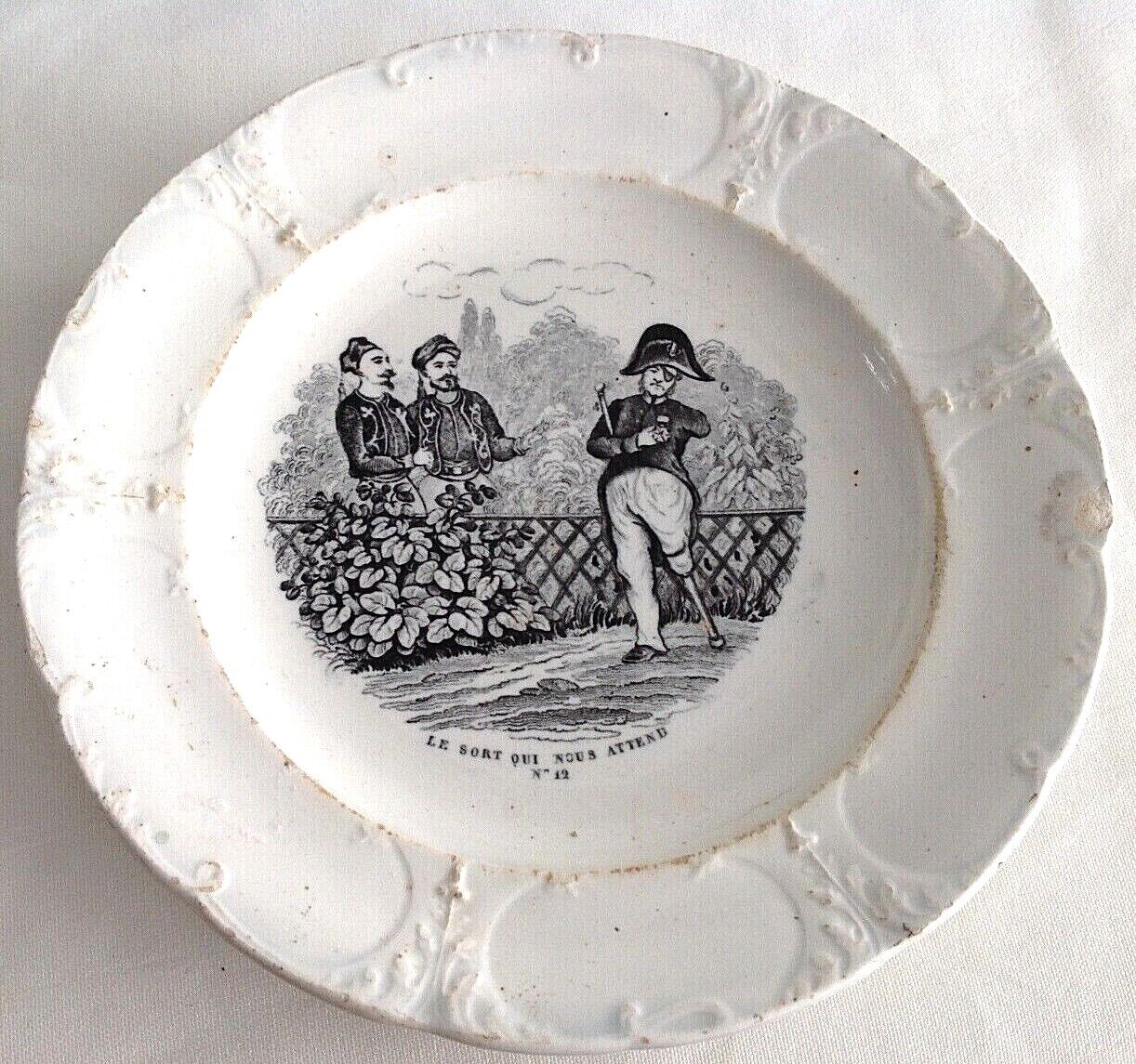 Antique ceramic nursery transfer wear toddy plate French Soldier fate
