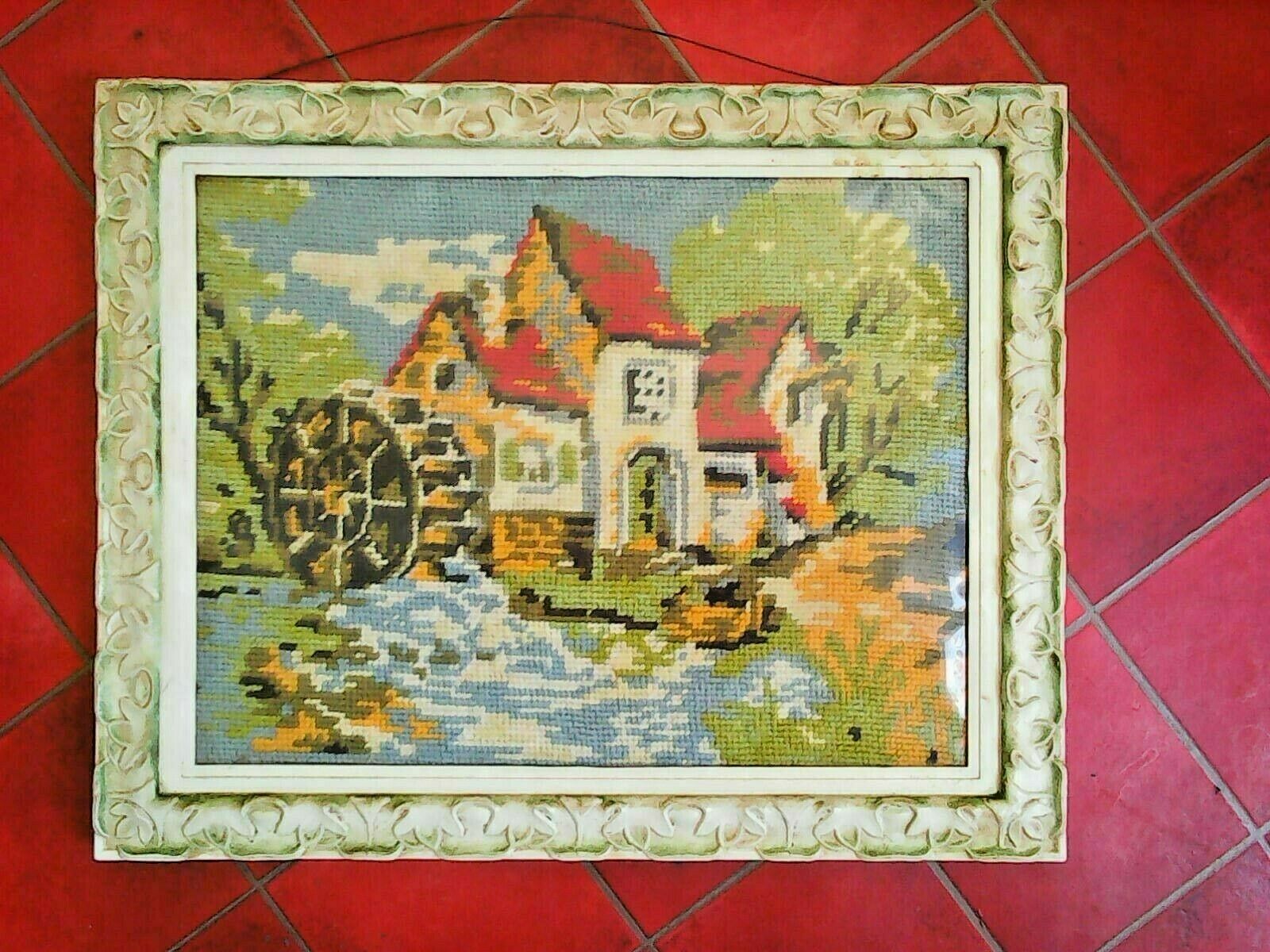 Vintage tapestry framed wall hanging circa 1960's water wheel cottage scene