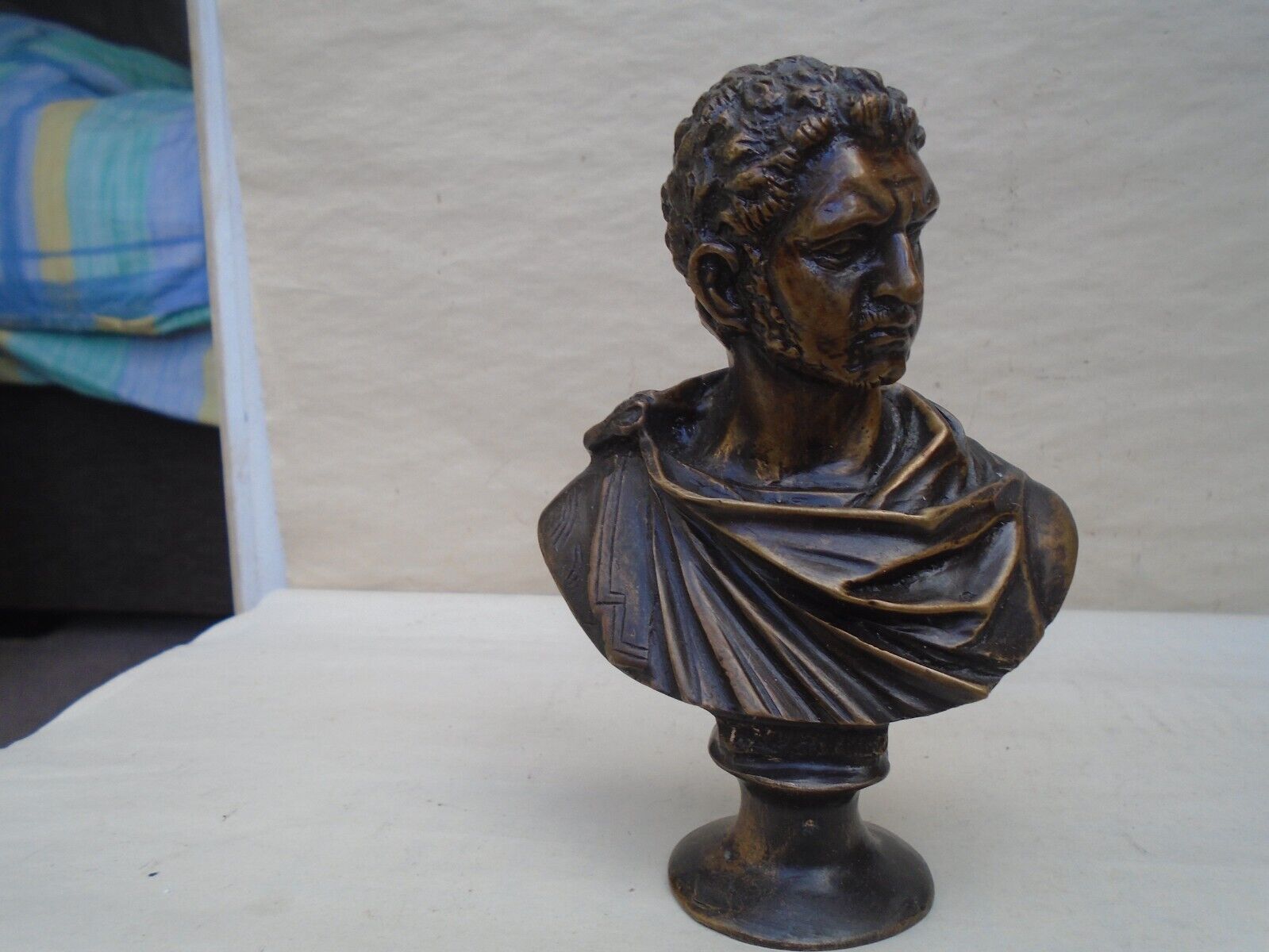 Curious old bronze metal bust of a man wearing toga  NICE CLASSICAL BUST  look