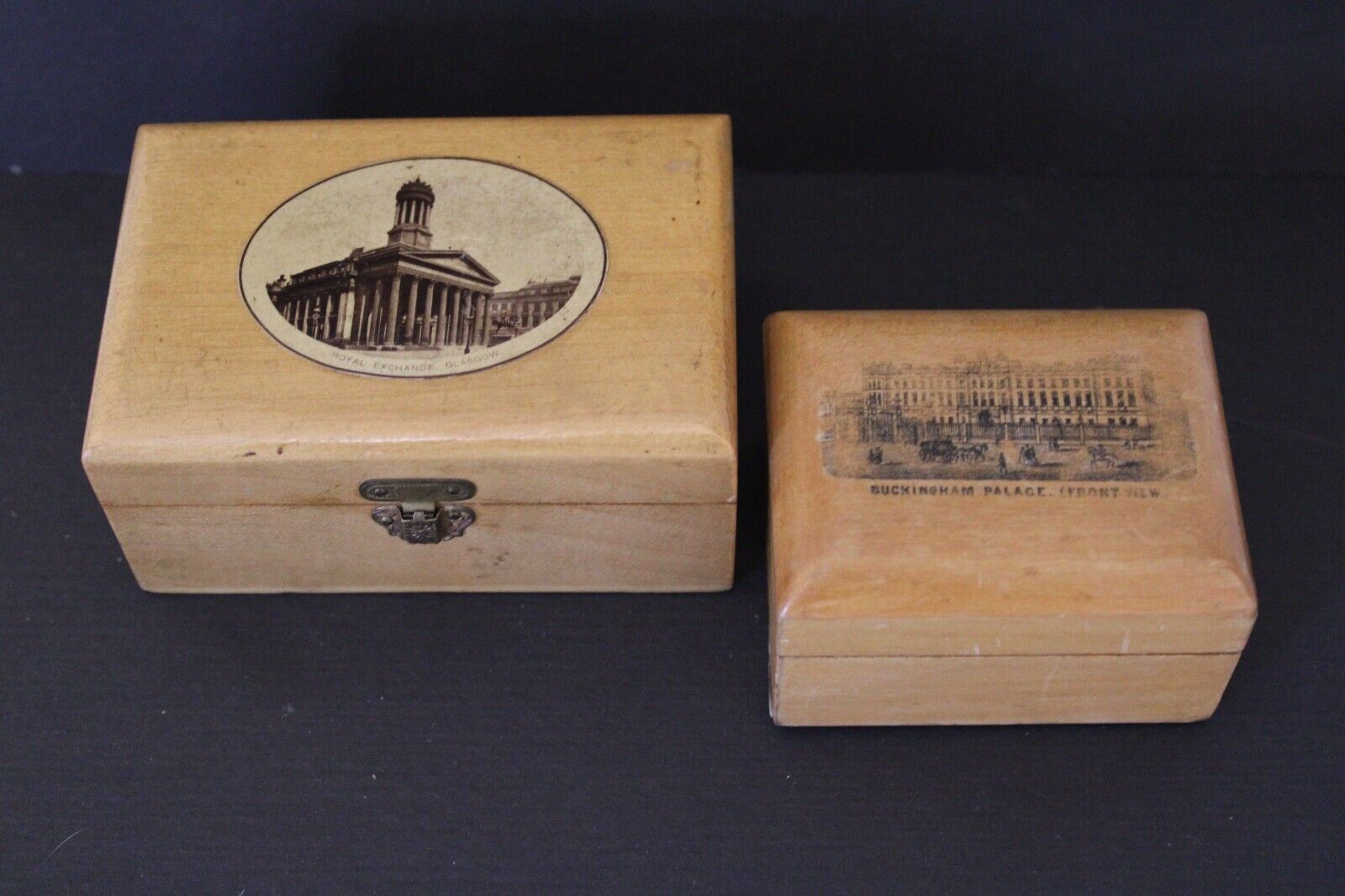 ANTIQUE Lot of 2 Mauchline Ware Boxes Transfer Image Buckingham Palace + 1