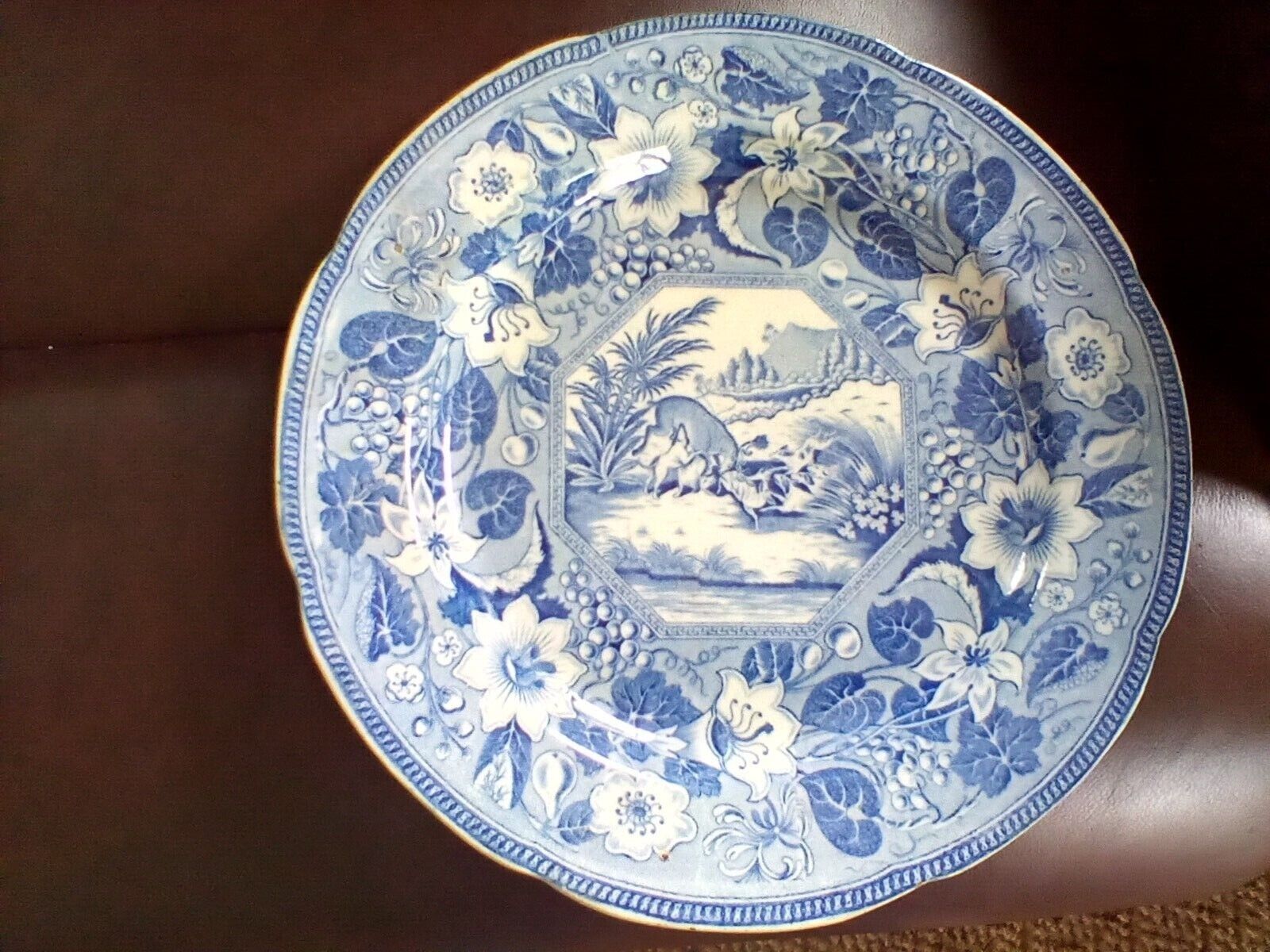 Antique Pearlware Pottery Transfer Blue White 'Stag Hunt' plate uncommon 1820's