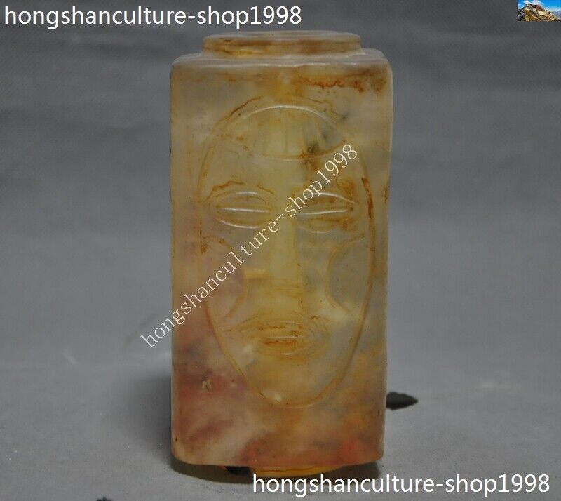 Chinese Hongshan Culture Crystal carving People face Sacrifice Jade cong Yu cong