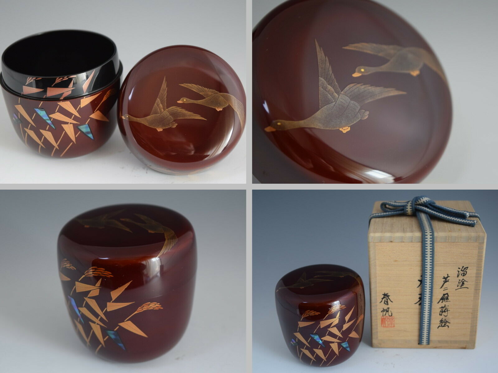 Japanese Lacquerware WILD GOOSES FLYING OVER REEDS Makie O-Natsume Tea Caddy 210