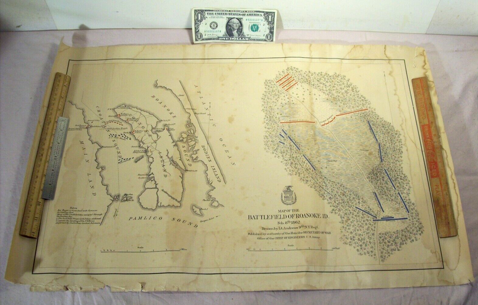 1862~BATTLEFIELD OF ROANOKE ISLAND~ORIGINAL UNION ARMY CIVIL WAR MAP~28" by 18"