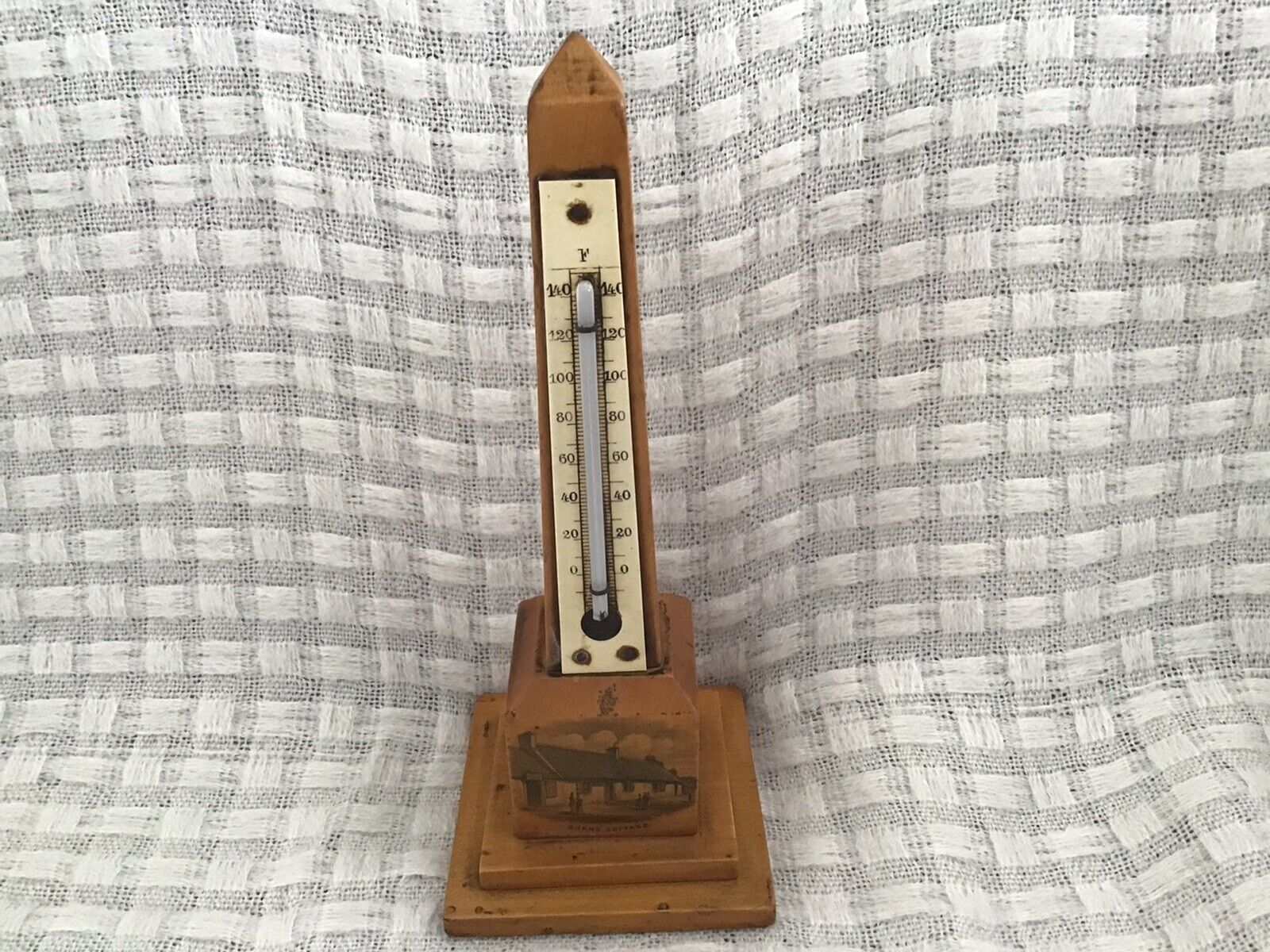 Mauchline Ware Monument Tower Thermometer. 3 Transfers. Burns Cottage.