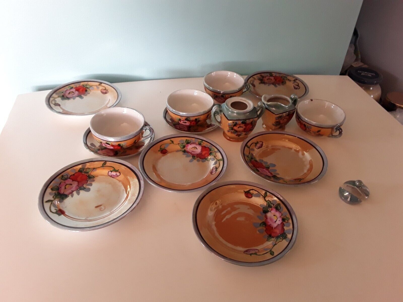Lustre Japanese hand painted floral cups and saucers children's set