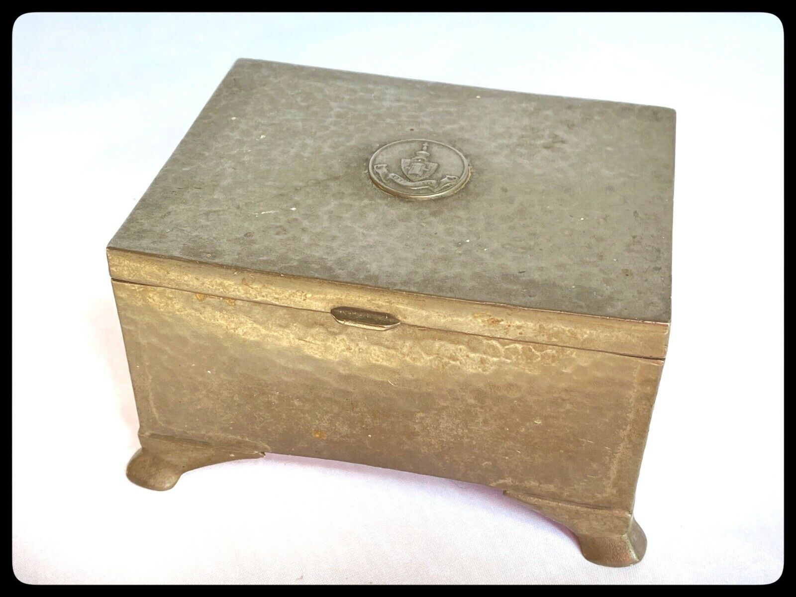 Art Deco Era Pewter Box With Armorial To Lid Wood Lined