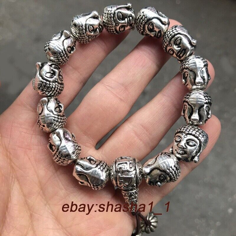 Exquisite Chinese old Tibet Silver Guanyin bead Elasticity Bracelet 6058