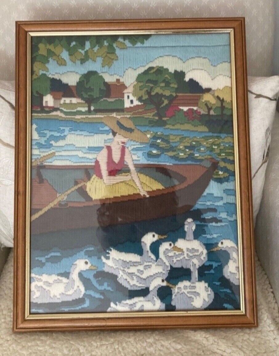 Vintage Tapestry Girl in Boat with Swans Small Framed Picture 19 x 14.5 inches 