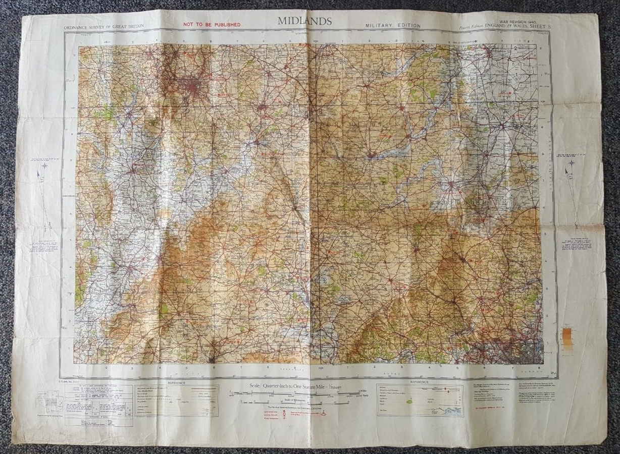 War Revision 1940, Sheet 8, Midlands Ordnance Survey Map 1/4"- 1 mile.