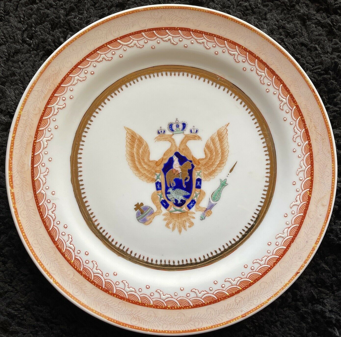Antique Heraldic Armorial Plate, hand painted double-headed empire eagle Romanov