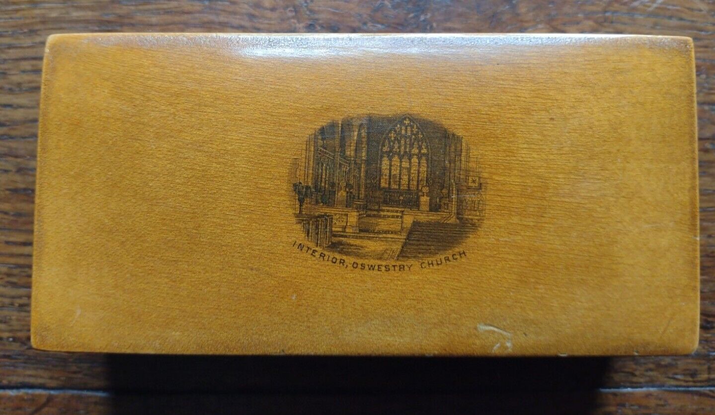 Antique Mauchline Ware Box with Transfer Print of the Interior Oswestry Church