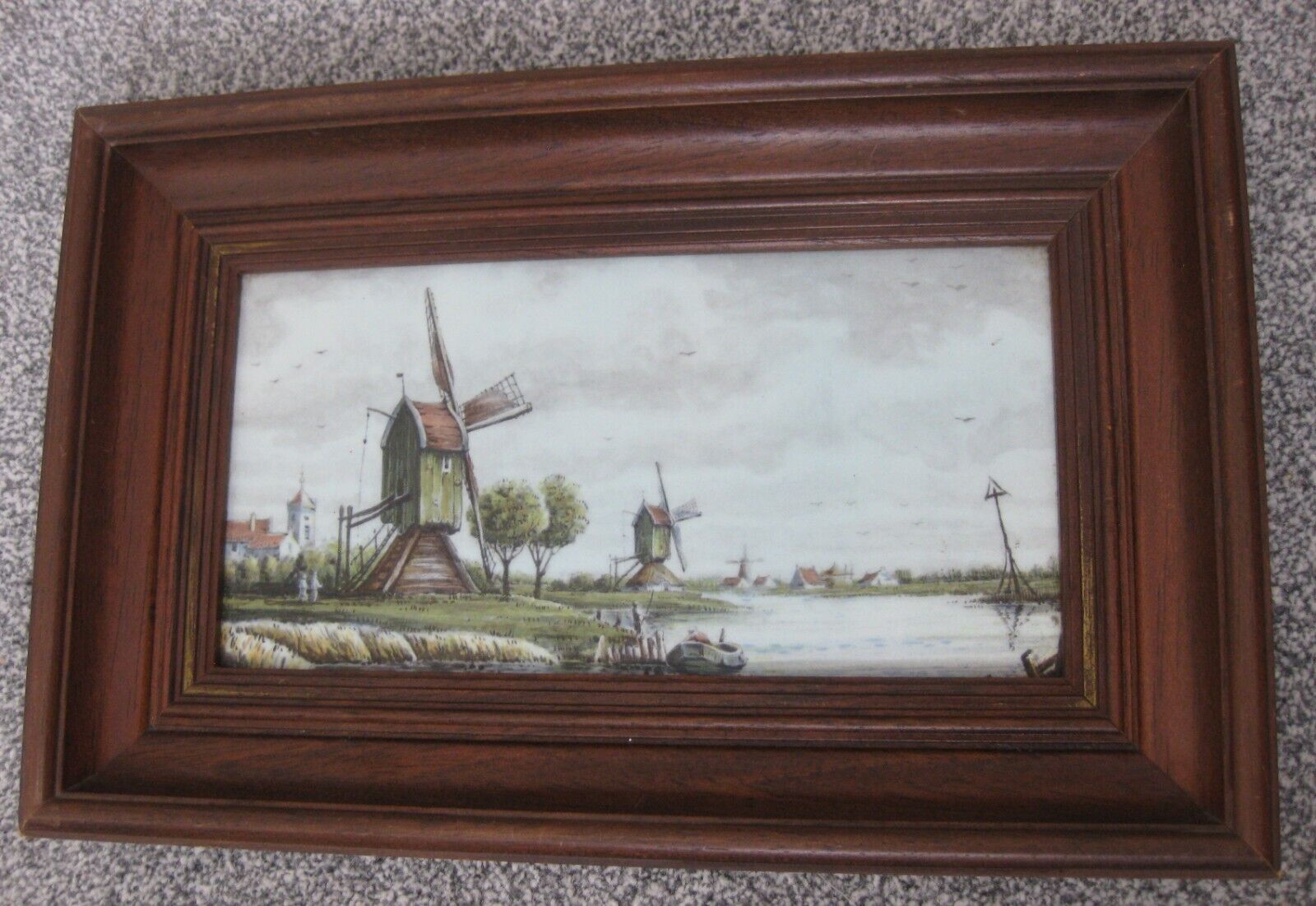 Vintage Ceramic tile Delfts Delftware in Wooden frame Dutch scene Windmills