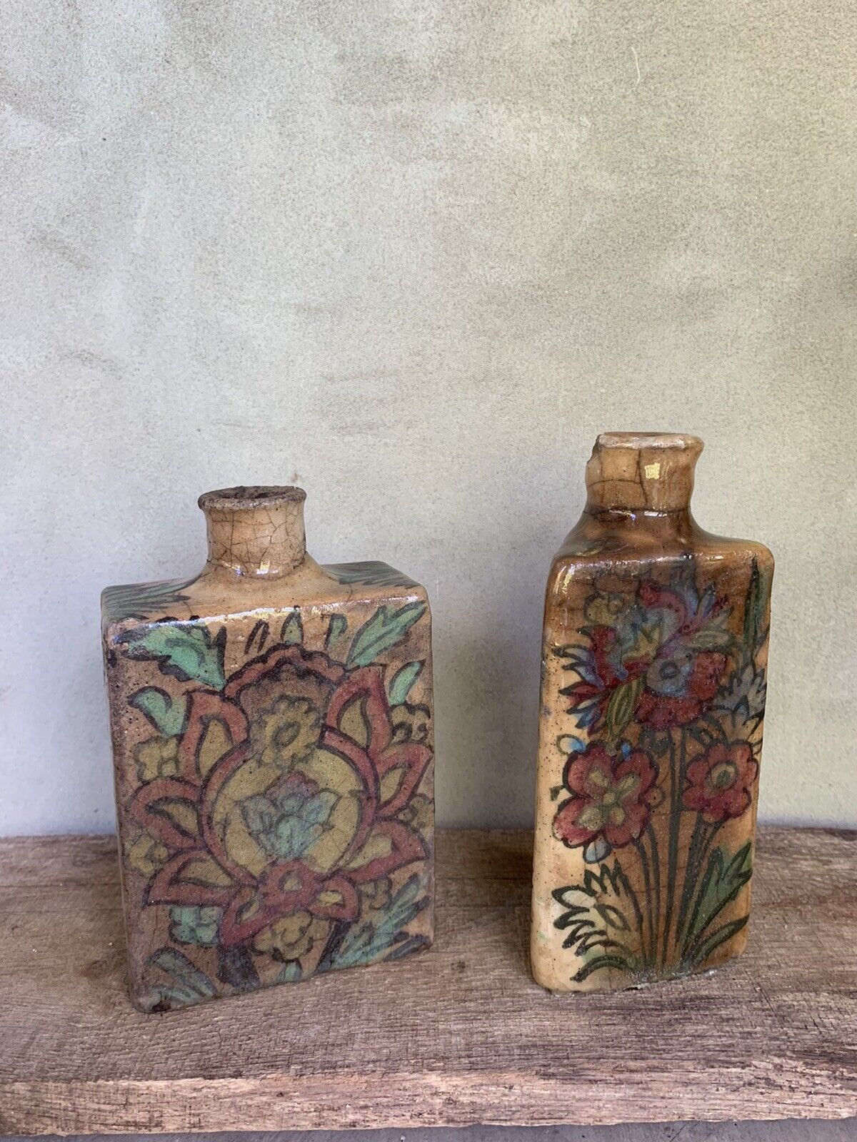 2 Antique Iznik Flask Bottles Persian/Turkey, Qajar Dynasty,19th Century Clay 