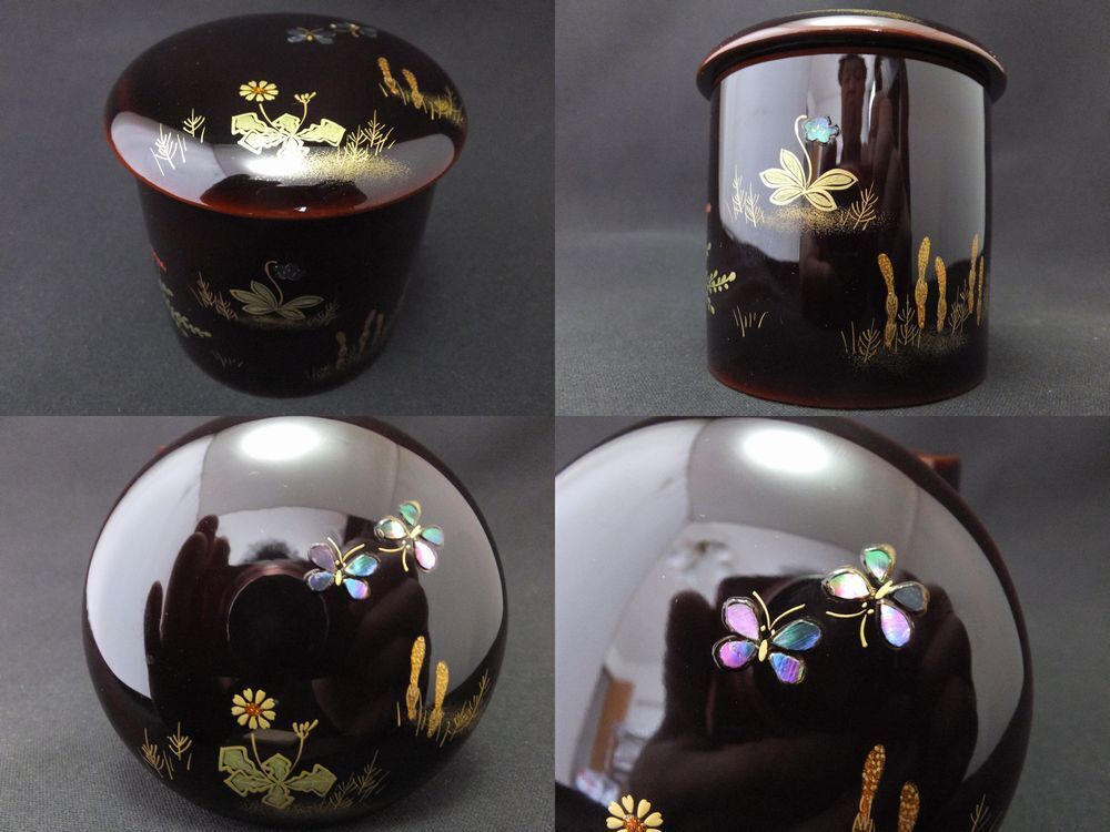 Japan Lacquer Wooden Tea caddy Butterfly at Spring field makie Kinrinji  (728)