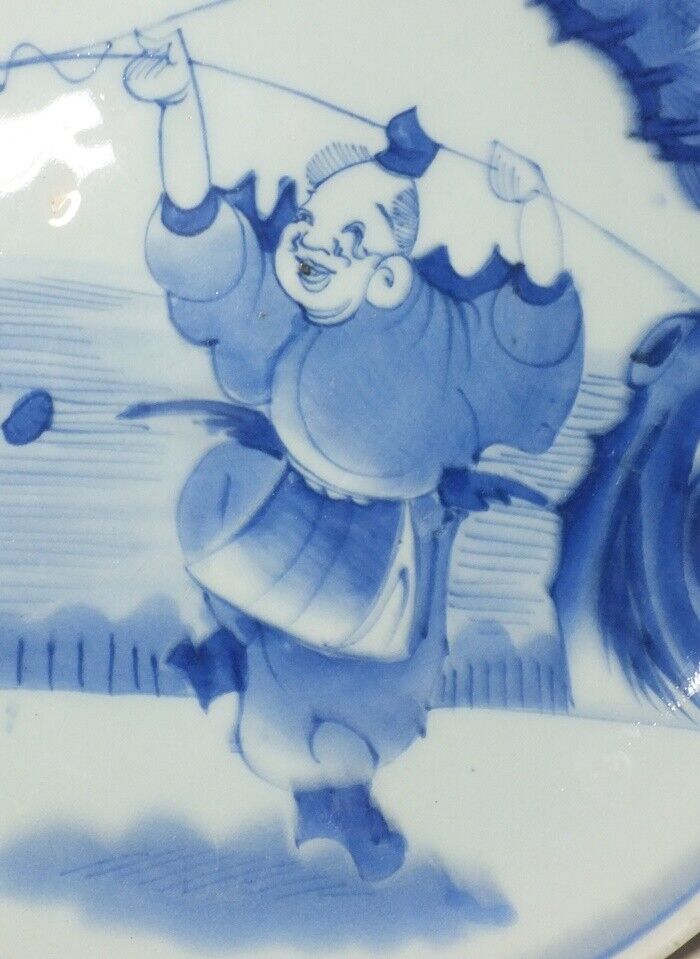 E4588: Real Japanese old IMARI blue-and-white porcelain BIG plate with Gid EBISU